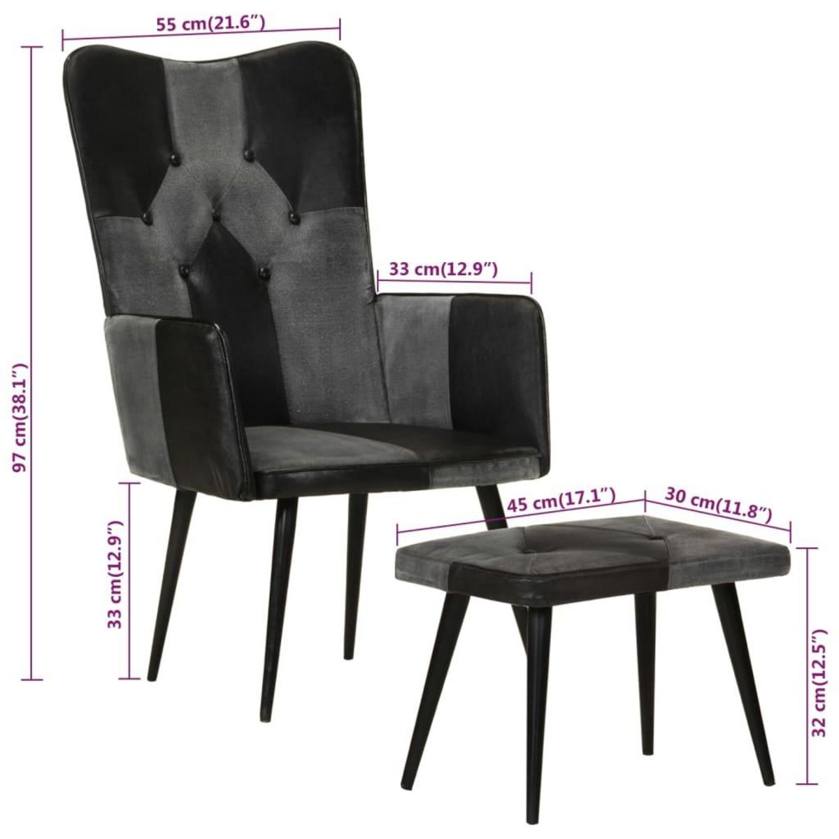 VIDAXL Fauteuil avec repose-pieds Noir Cuir veritable et toile