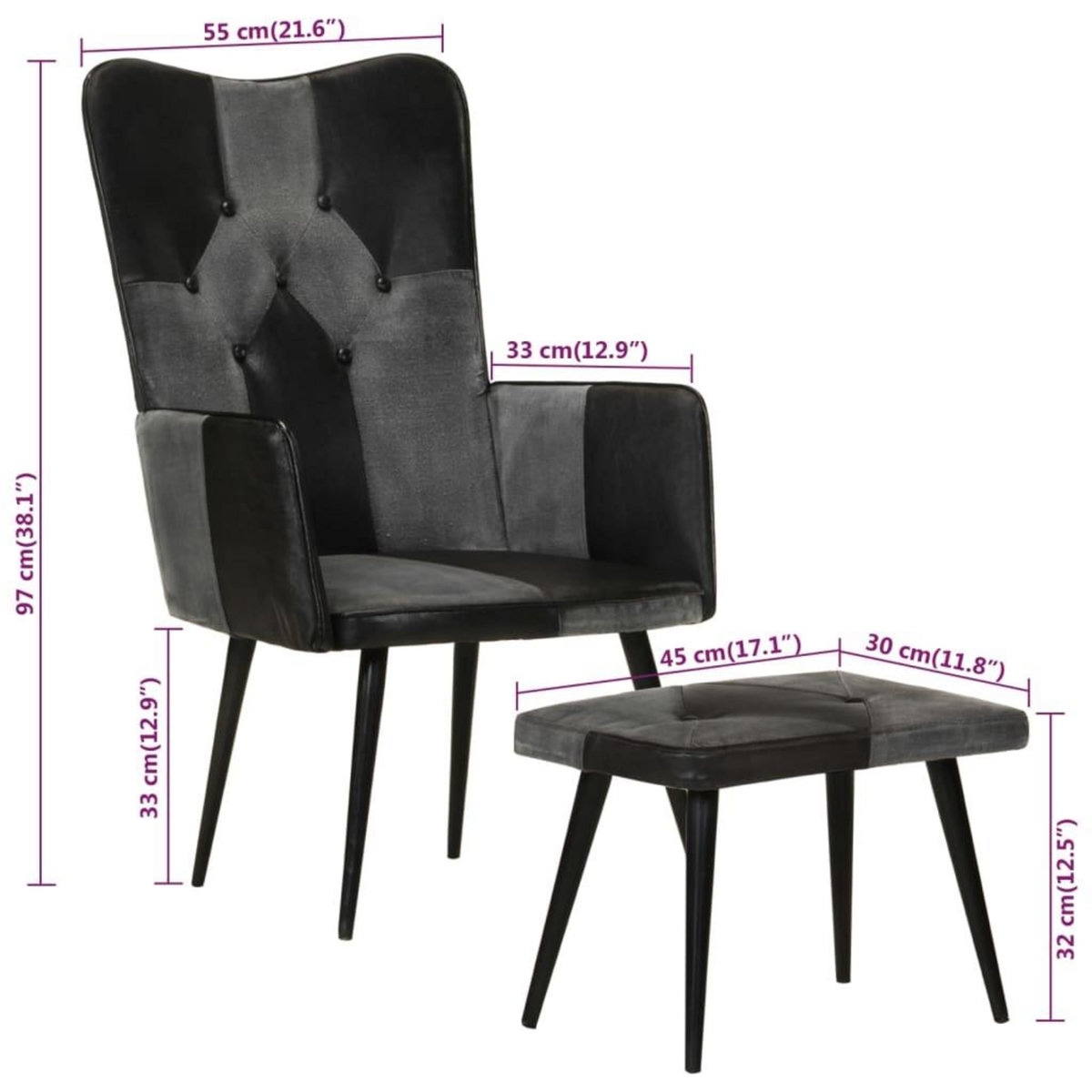 VIDAXL Fauteuil avec repose-pieds Noir Cuir veritable et toile