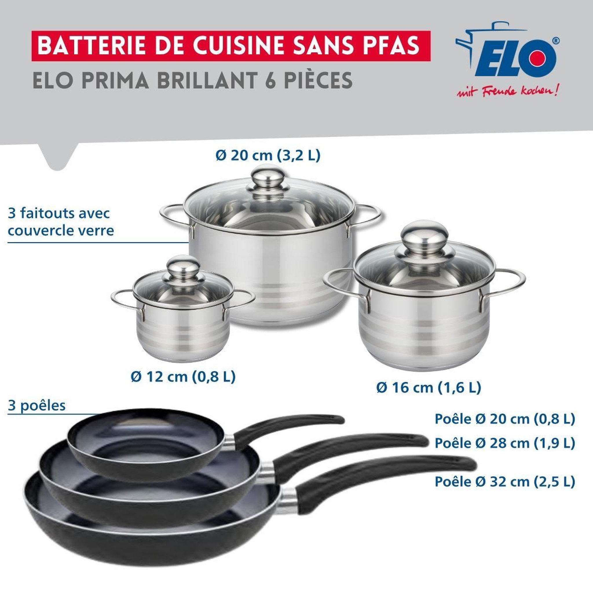 Voir la diapositive 2 : ELO Ensemble de 3 poêles de cuisson 20, 28 et 32 cm et 3 faitouts 12, 16 et 20 cm elo prima brillant