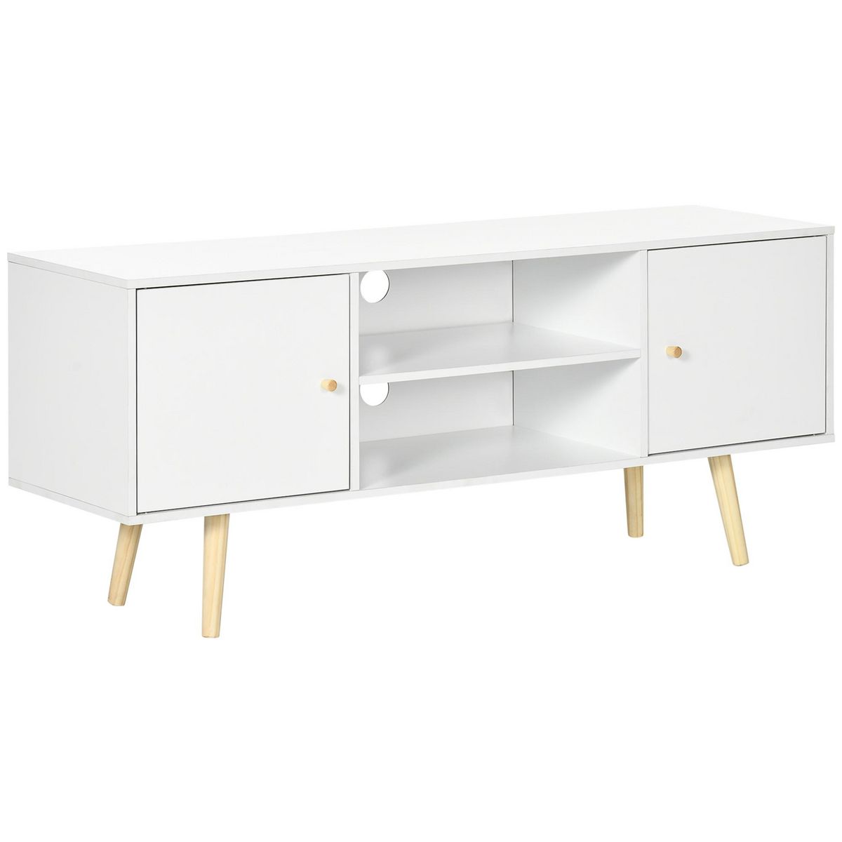 HOMCOM Meuble TV style scandinave 2 portes 2 niches passe-fils piètement bois pin panneaux blanc