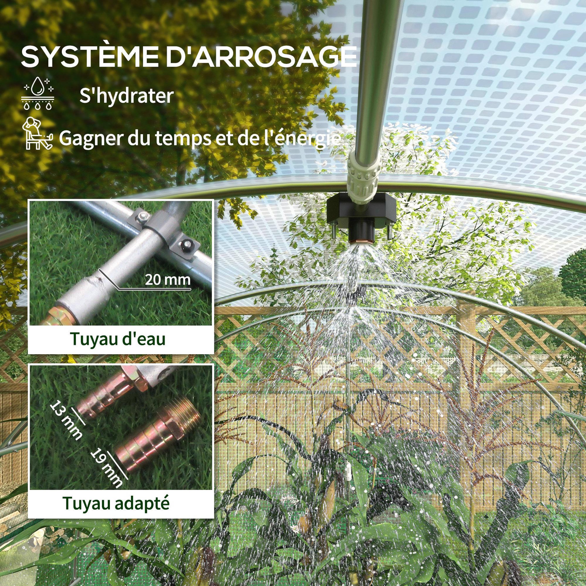 Voir la diapositive 5 : OUTSUNNY Serre de jardin tunnel 6 m² système d'arrosage intégré acier renforcé PE haute densité vert