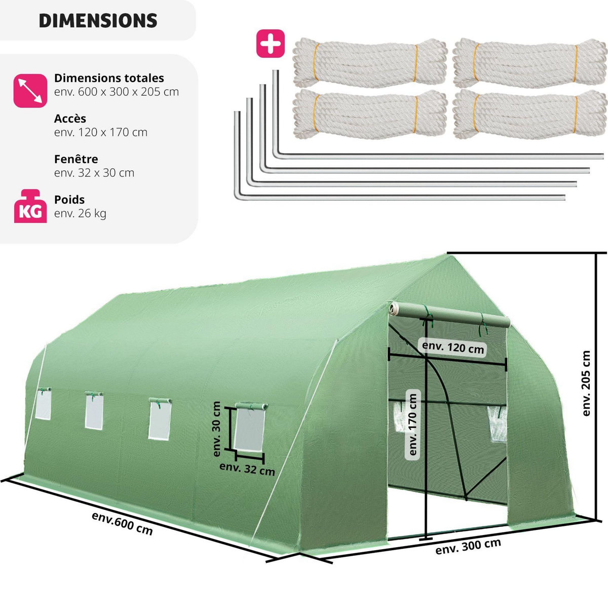 tectake Serre tunnel 27 m³ en forme de tente avec 8 fenêtres vert