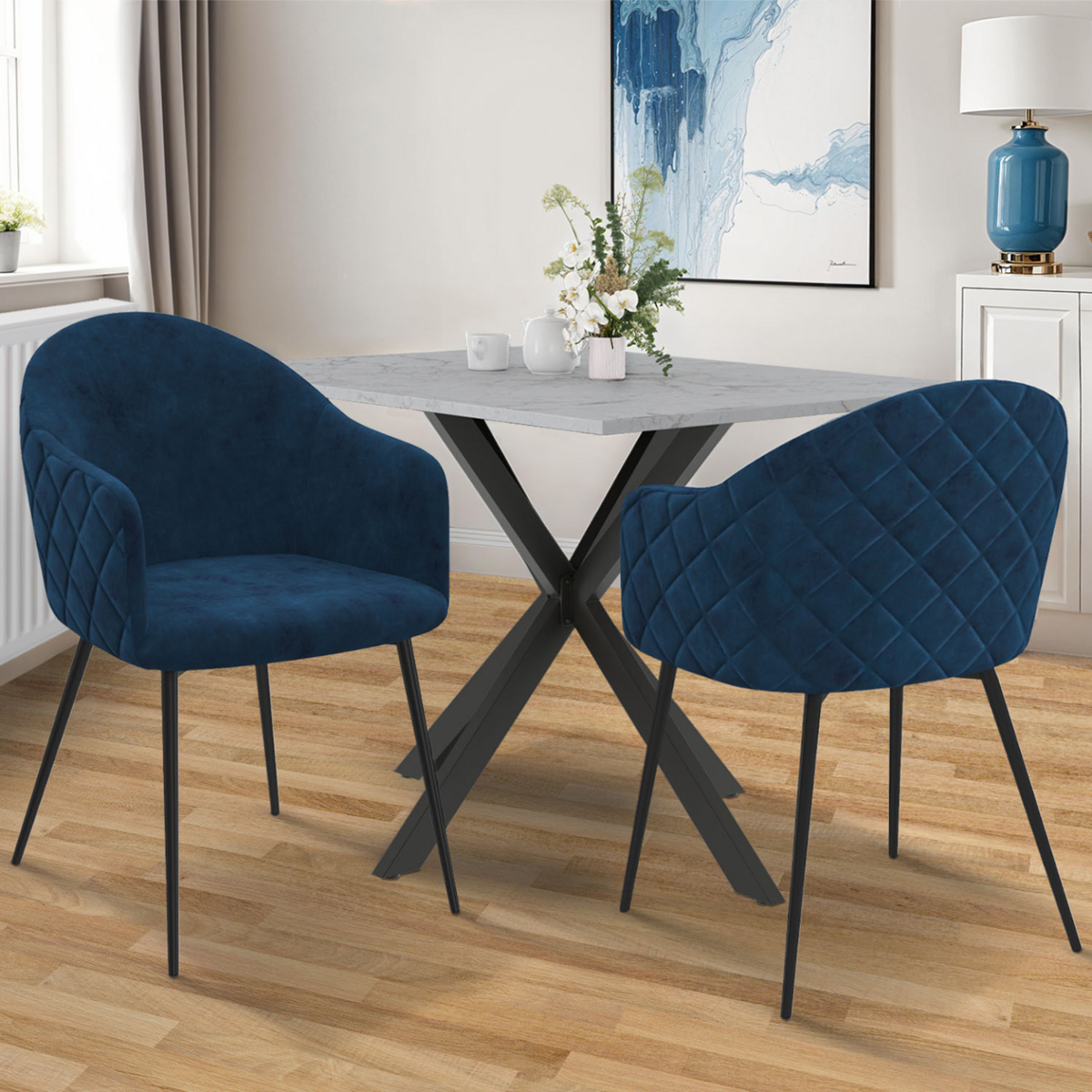 ID MARKET Lot de 2 chaises de salle à manger, fauteuils de table MOLY en velours gaufré bleu canard