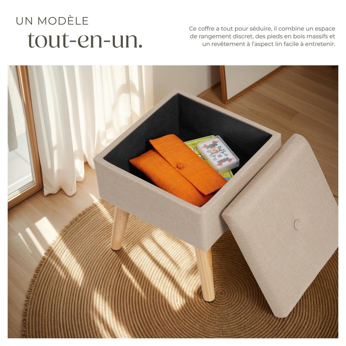 tectake Pouf avec espace de rangement carré sable