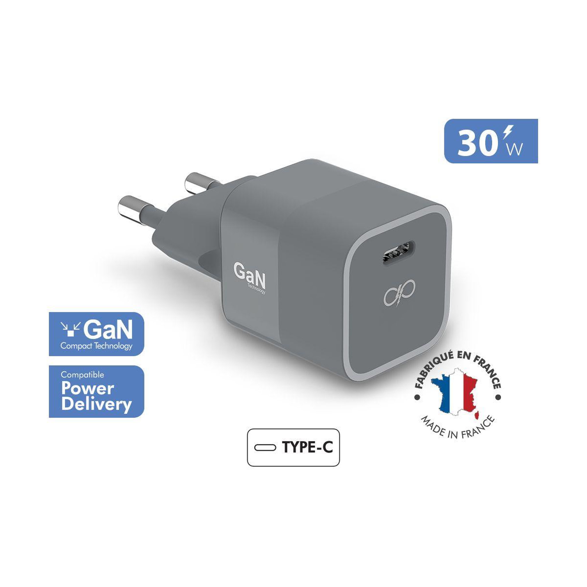 Voir la diapositive 2 : FORCE POWER Chargeur 30w usb-c made in france gris