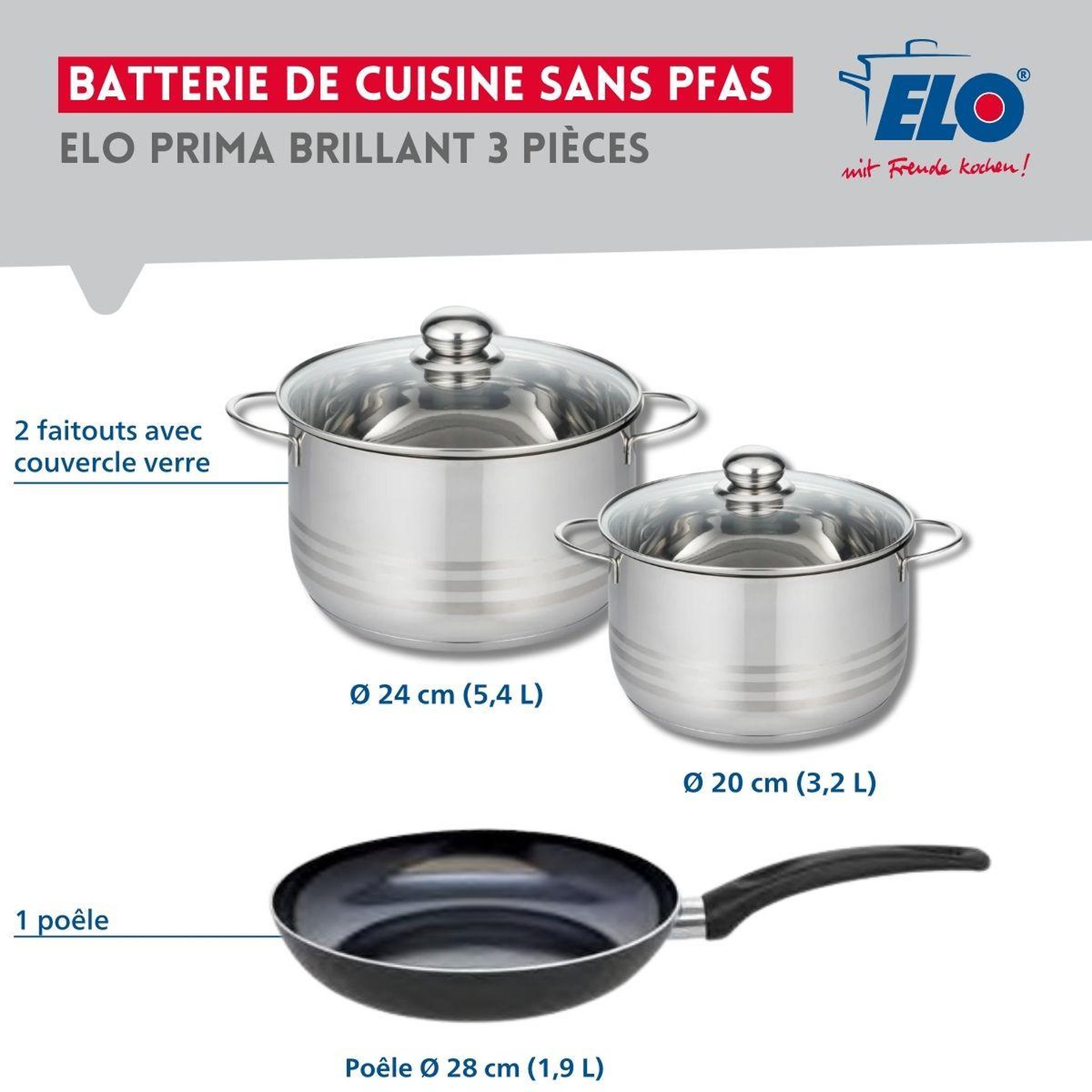 Voir la diapositive 2 : ELO Ensemble de 1 poêle de cuisson 28 cm et 2 faitouts 20 et 24 cm elo prima brillant