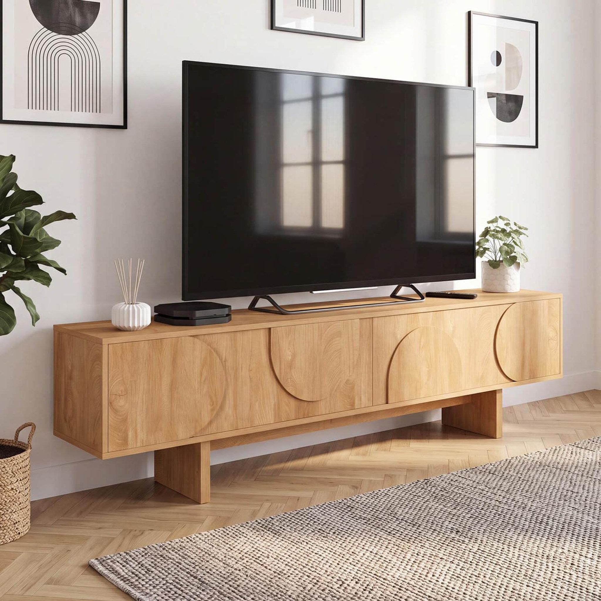 Voir la diapositive 2 : ID MARKET Meuble TV 180 cm ARVIN 2 portes avec reliefs arrondis bois clair