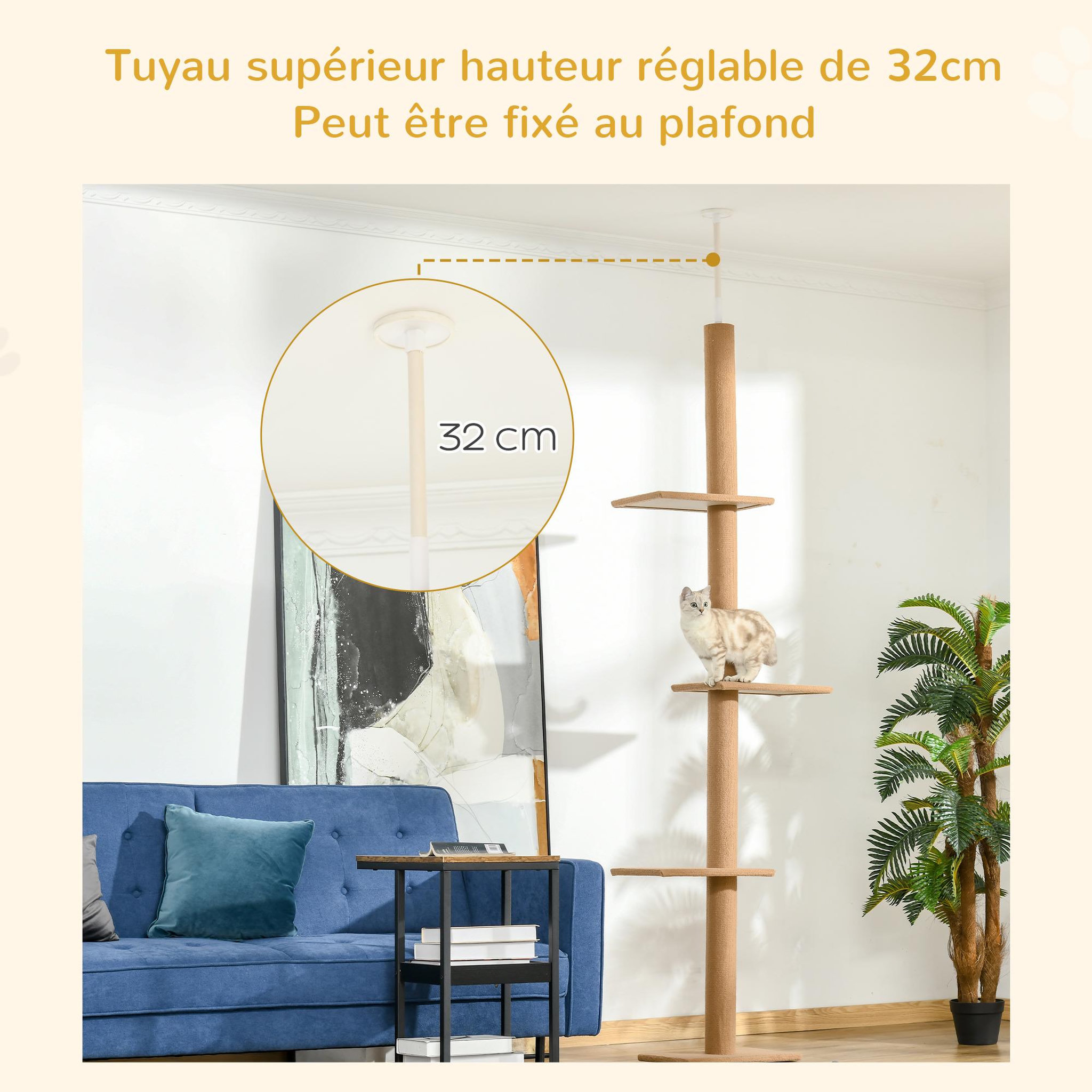 Voir la diapositive 5 : PAWHUT Arbre à chat poteau à griffer hauteur réglable dim. 43l x 27i x 228-260h cm 4 niveaux d'activités marron