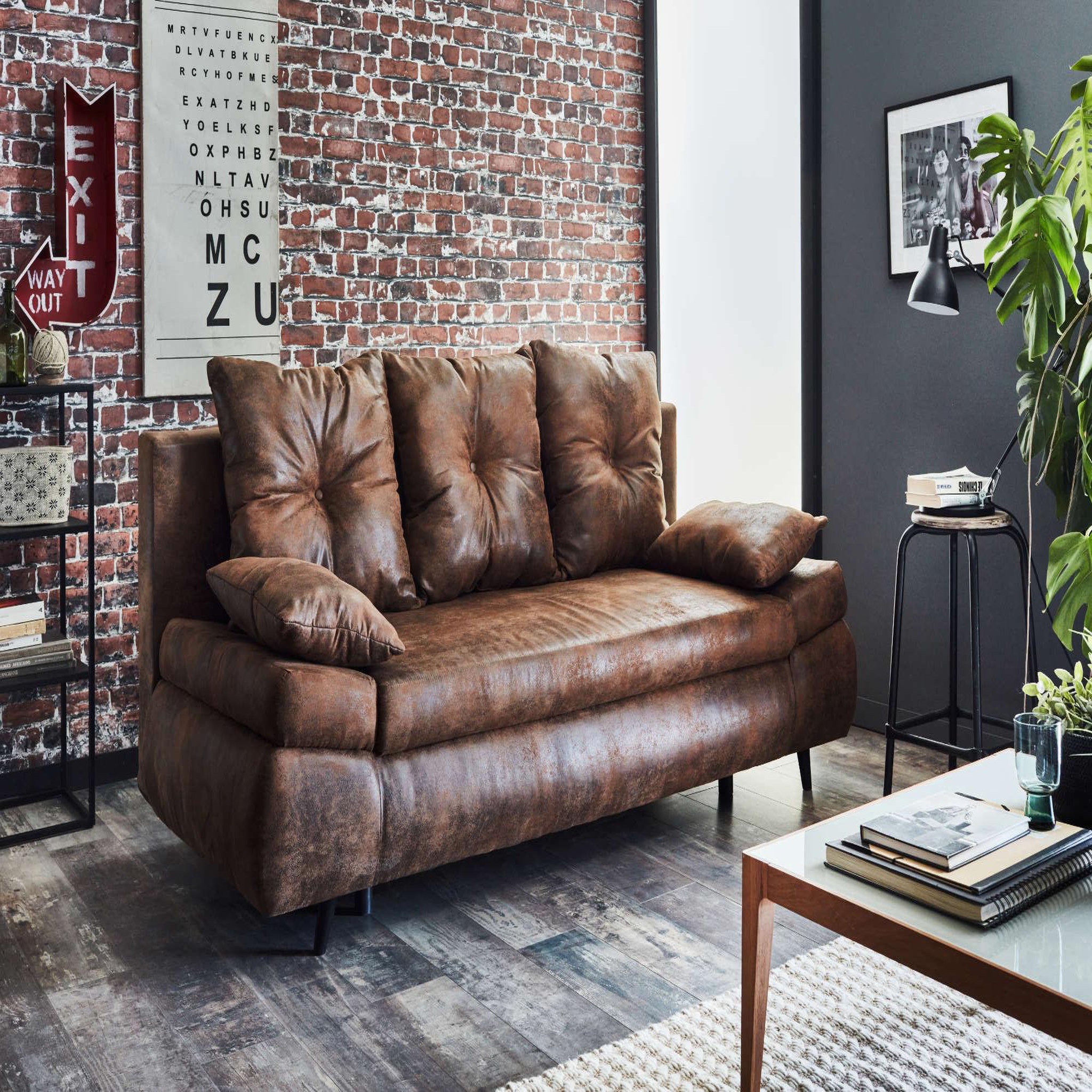 BEST MOBILIER Larson - canapé droit 3 places convertible - avec coffre de rangement - style industriel. Coloris disponibles : Marron