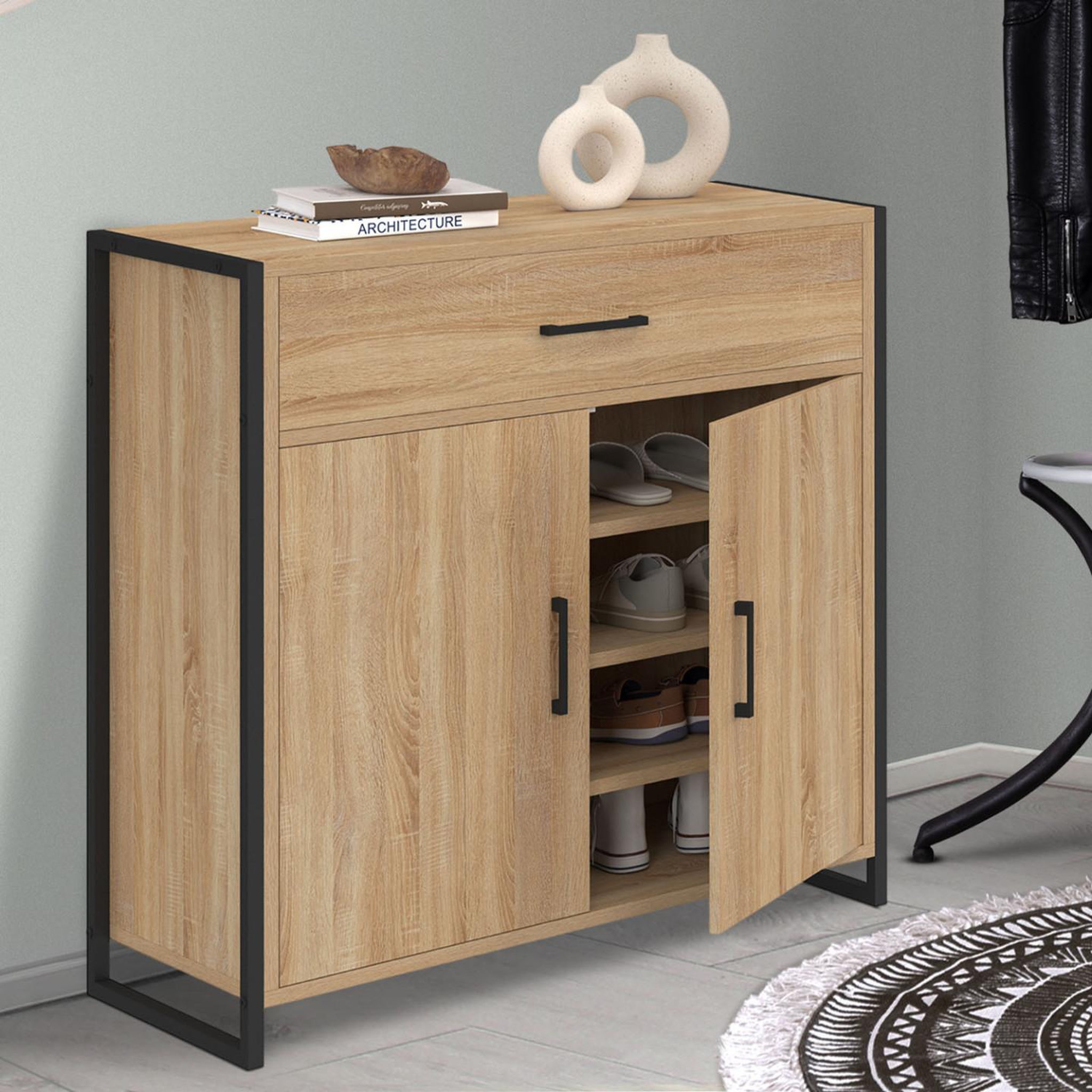 Voir la diapositive 2 : ID MARKET Armoire à chaussures 12 paires luis 2 portes avec tiroir design industriel