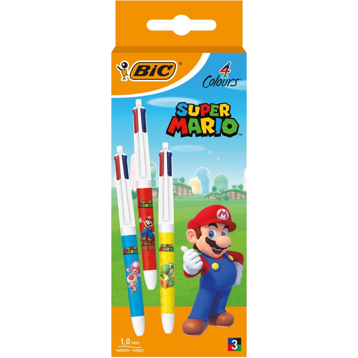 BIC Lot de 3 stylos bille 4 couleurs rétractable pointe moyenne SUPER MARIO coloris assortis