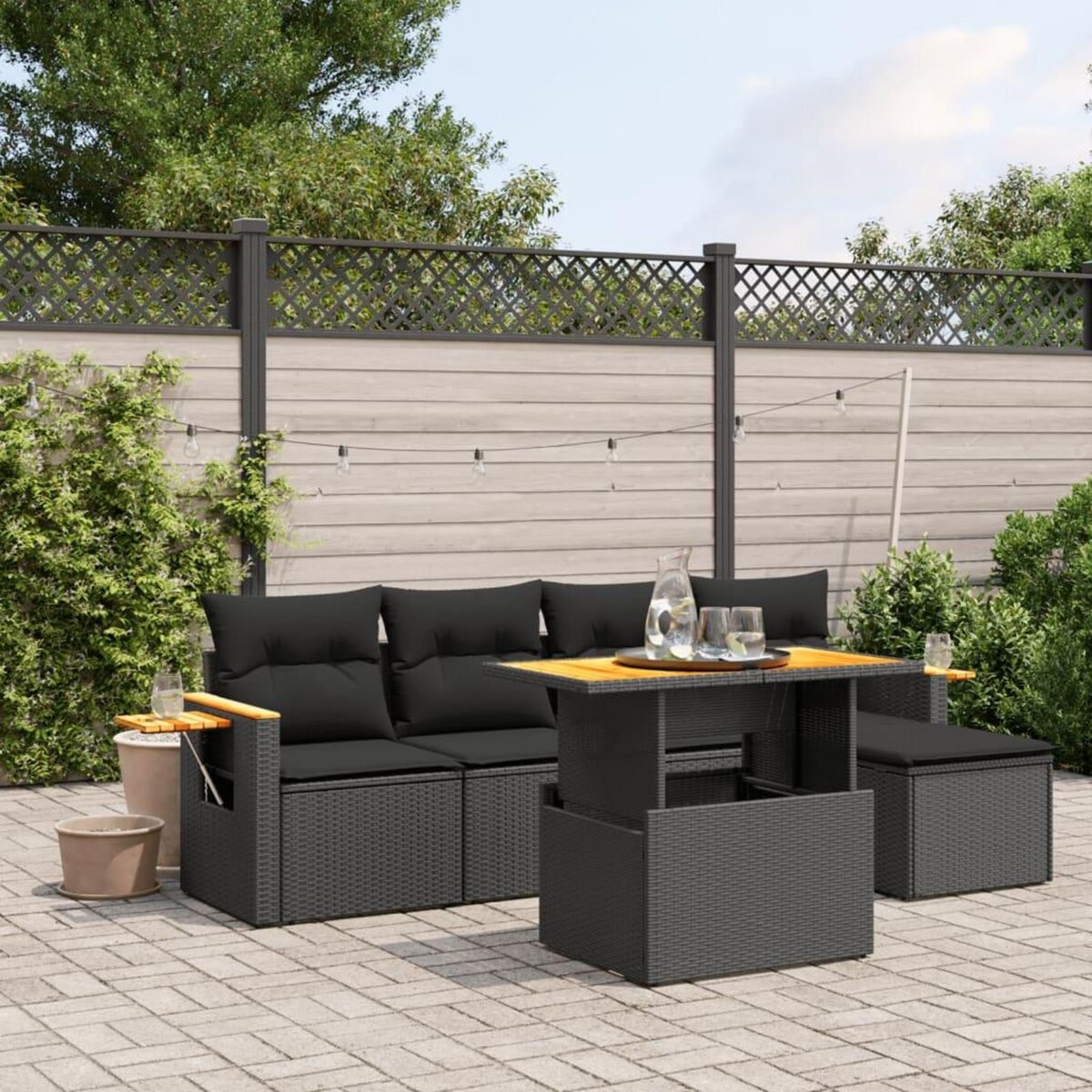 VIDAXL Salon de jardin 6 pcs avec coussins noir resine tressee
