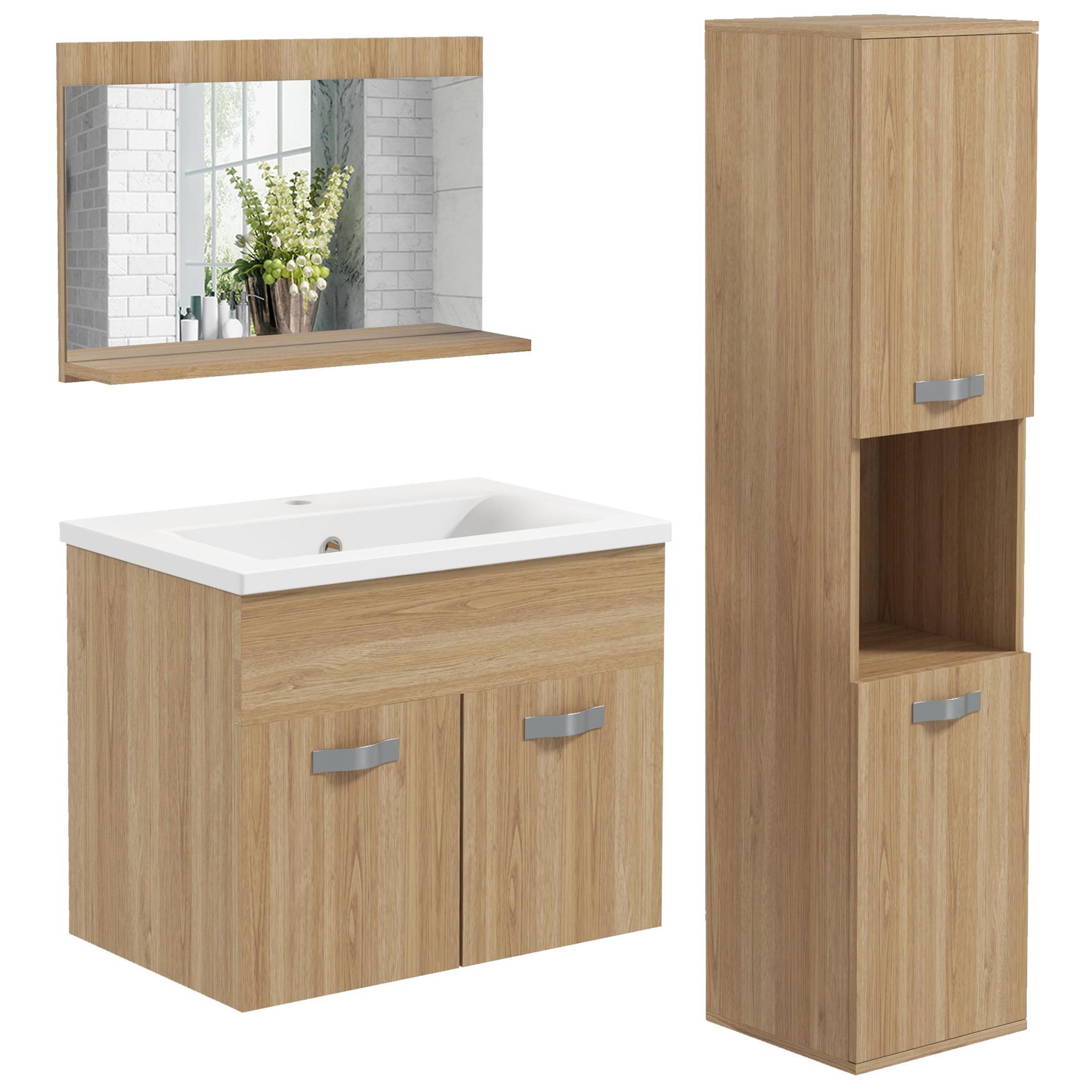 Voir la diapositive 1 : KLEANKIN Ensemble 3 meubles salle de bain avec vasque - meuble sous-vasque suspendu, miroir, meuble colonne mural - aspect chêne clair