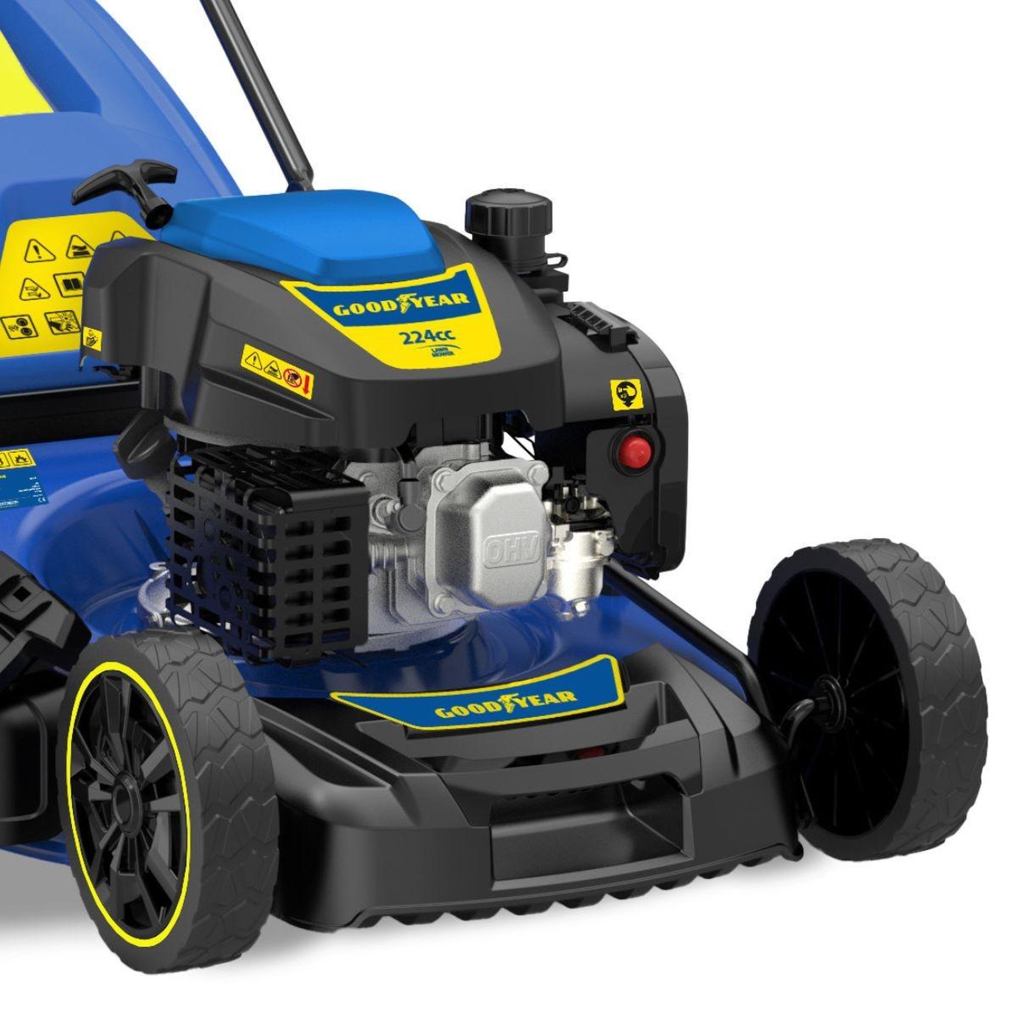 Voir la diapositive 3 : GOODYEAR Tondeuse thermique autotractée 224cm3 7,5cv moteur 4t ohv largeur de coupe 56cm surfaces 2000m2 goodyear gy56lm