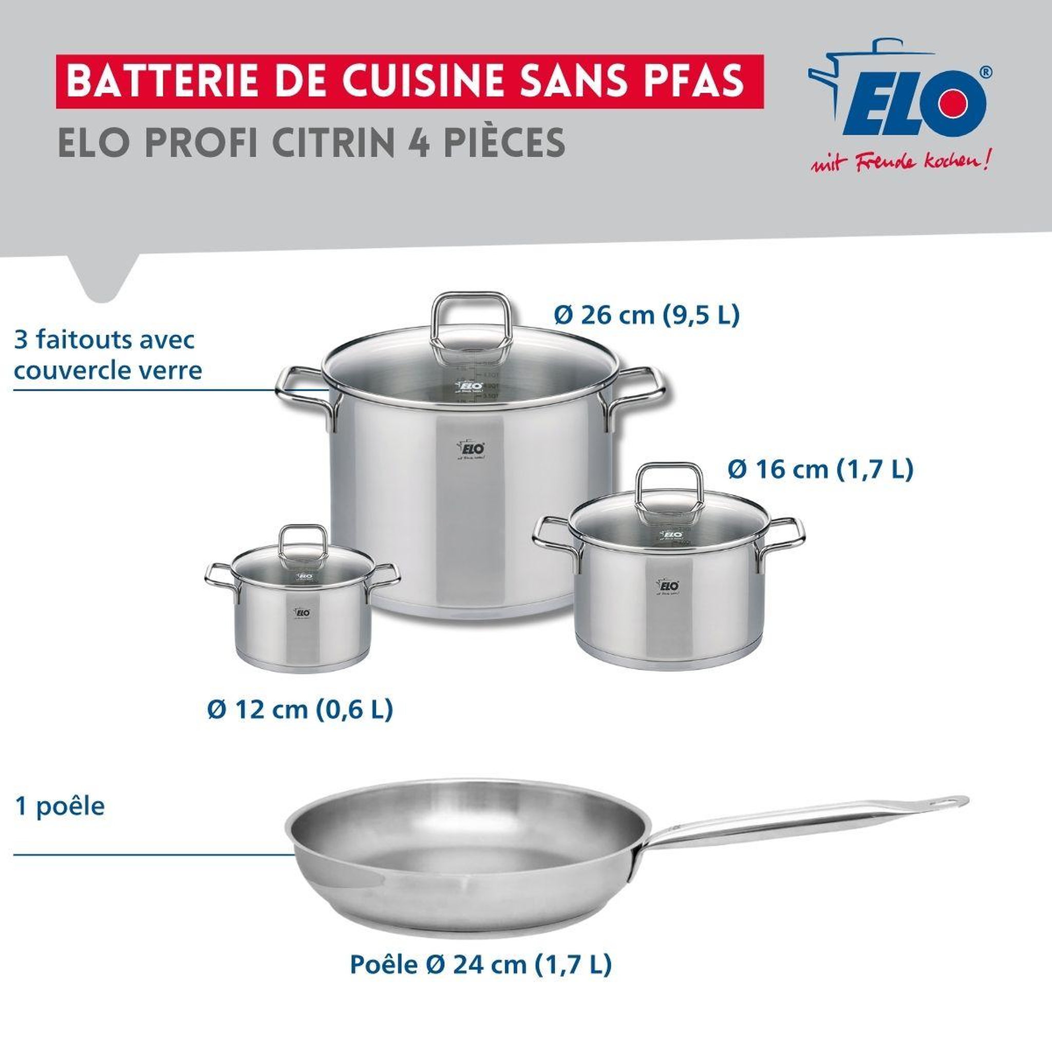 Voir la diapositive 2 : ELO Ensemble de 1 poêle de cuisson 24 cm et 3 faitouts 12, 16 et 26 cm elo profi citrin