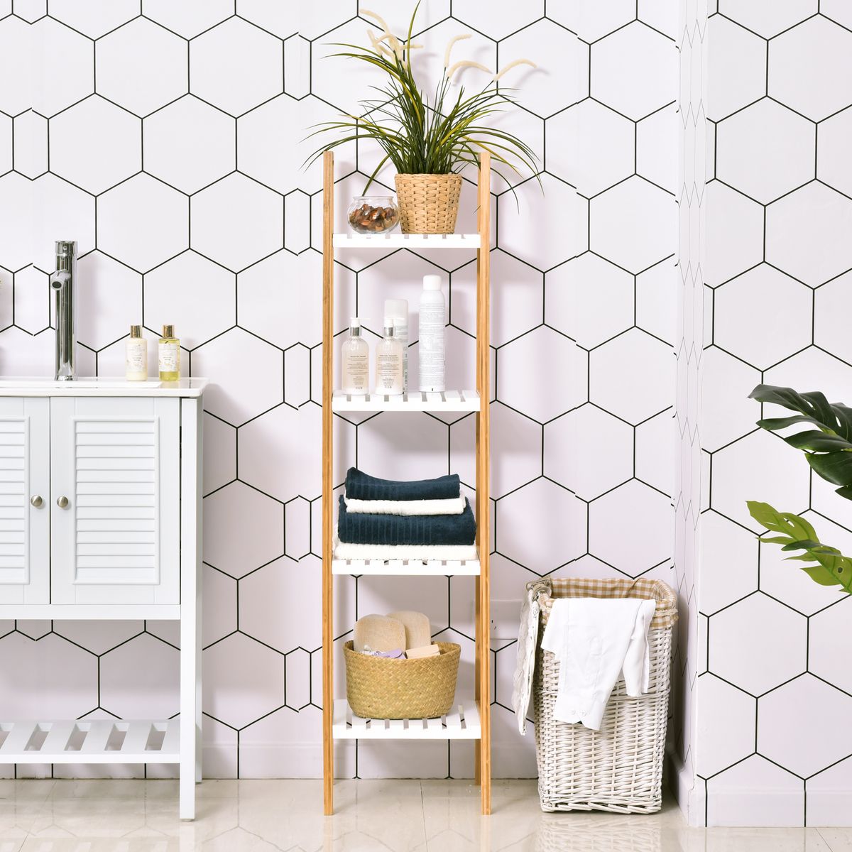 HOMCOM Etagère en bambou de salle de bain 4 niveaux à lattes dim. 35L x 36l x 138H cm bois pin blanc