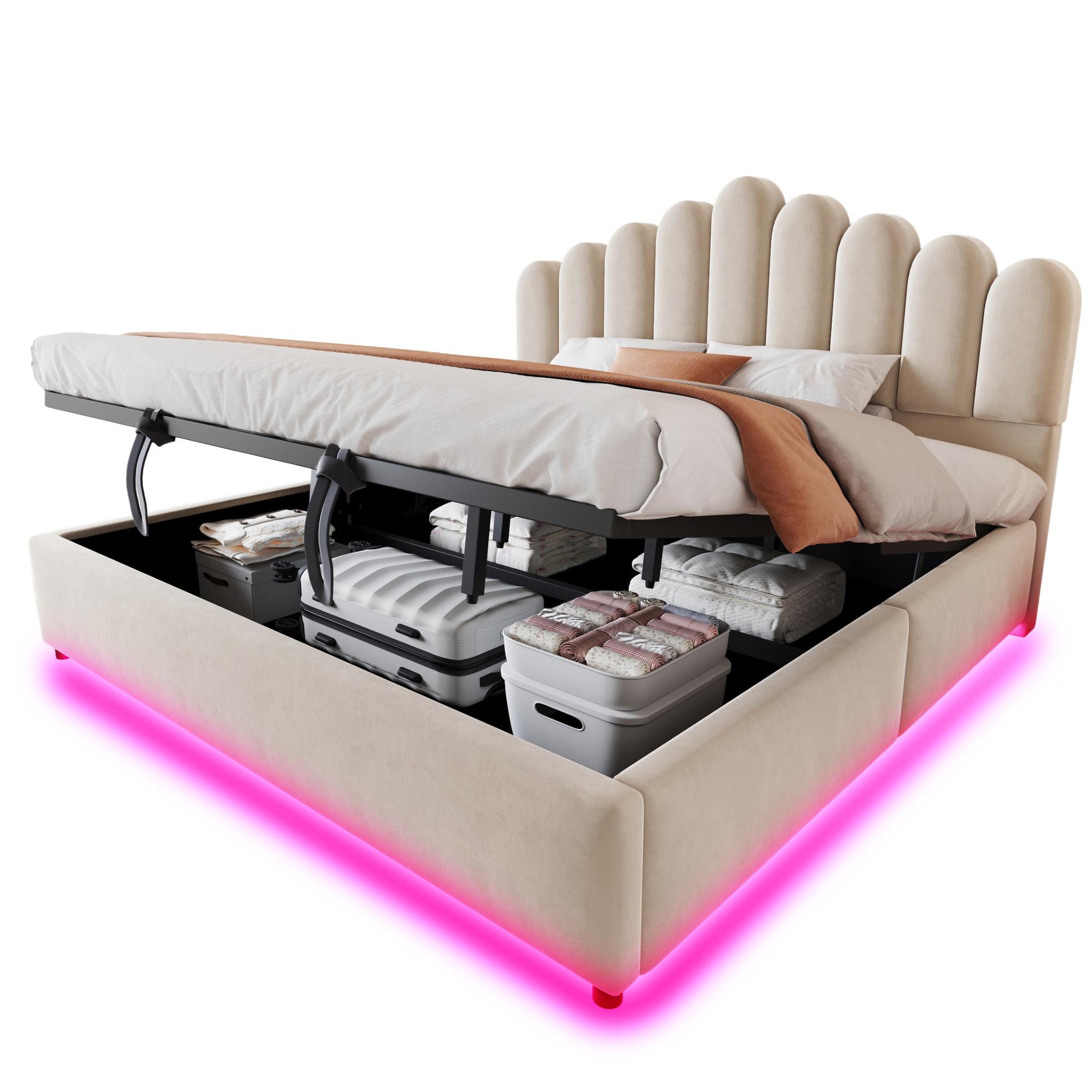 MERAX Lit coffre velours avec led, tête de lit capitonnée et sommier à lattes. Coloris disponibles : Gris, Beige