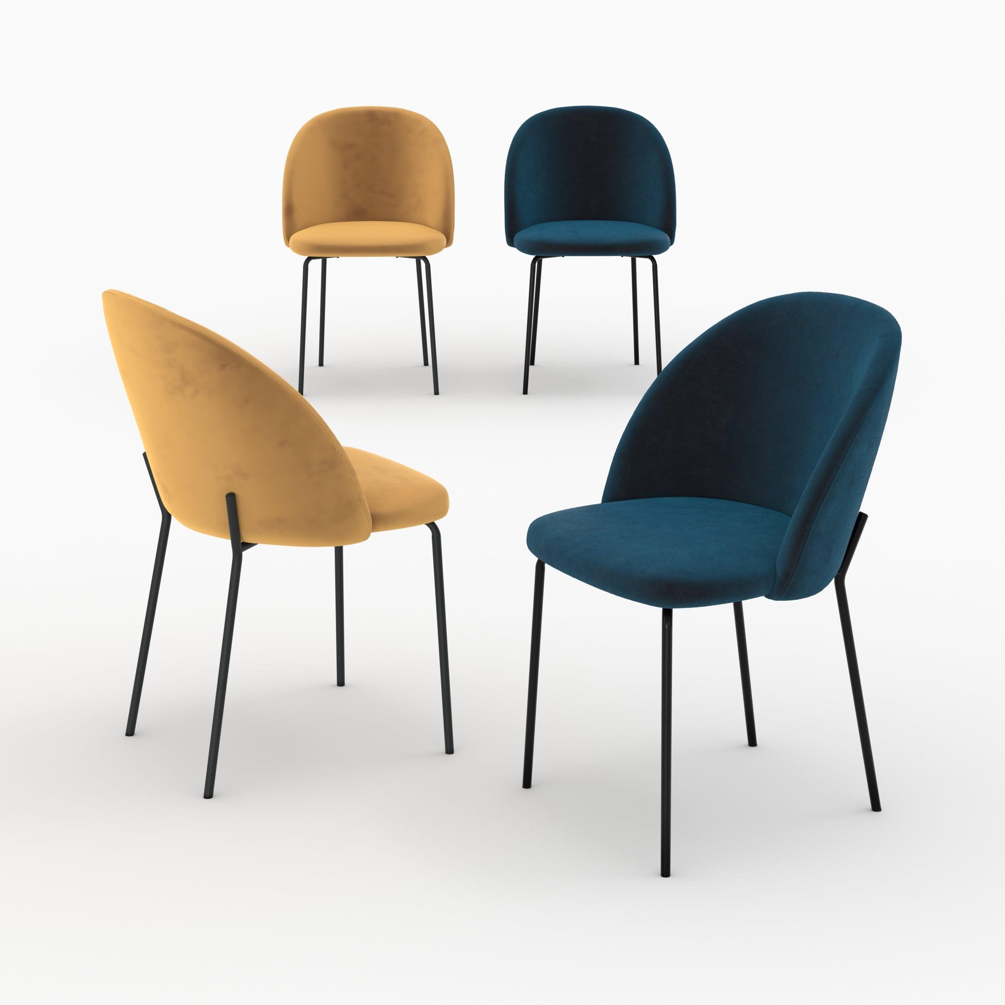 MAISON PAVANE Pack 4 chaises en velours jaune moutarde et bleu foncé-karl