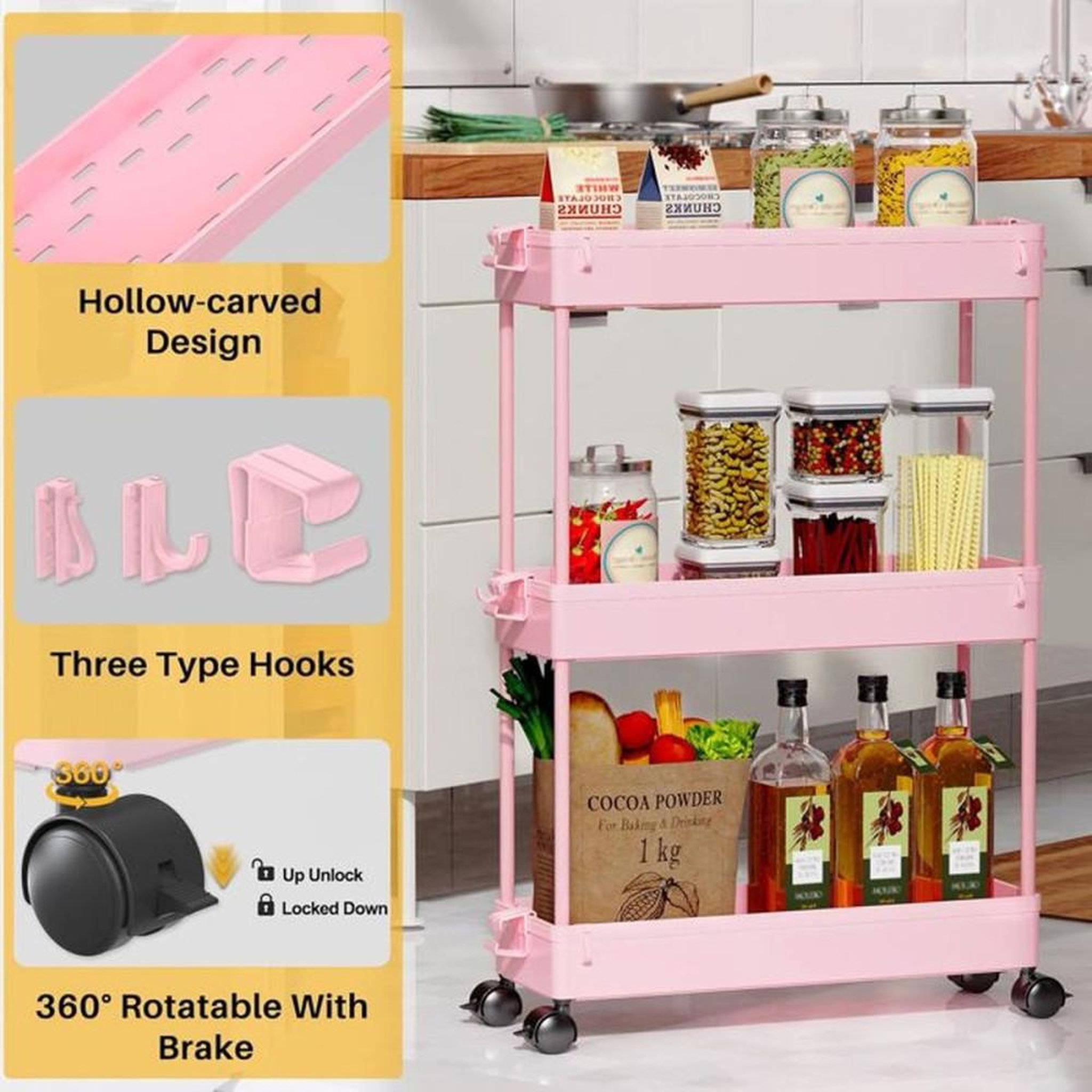 Voir la diapositive 5 : Chariot de rangement rose à 3 niveaux en plastique résine avec roulettes 360° pour cuisine, salle de bain