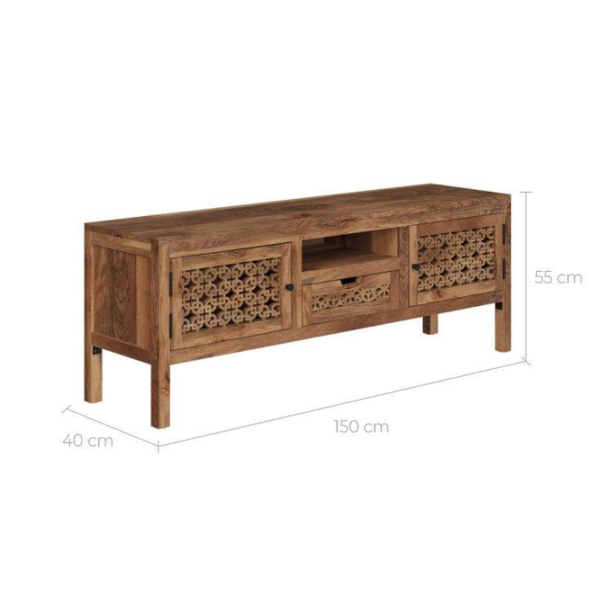 Voir la diapositive 4 : MAISON PAVANE Meuble tv ajouré en bois de manguier 150 cm-jaya