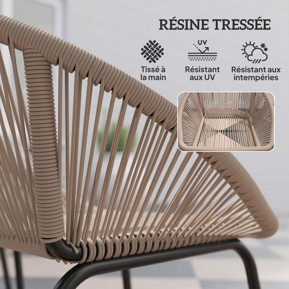 OUTSUNNY Ensemble salon de jardin 3 pièces 2 personnes avec coussins kaki