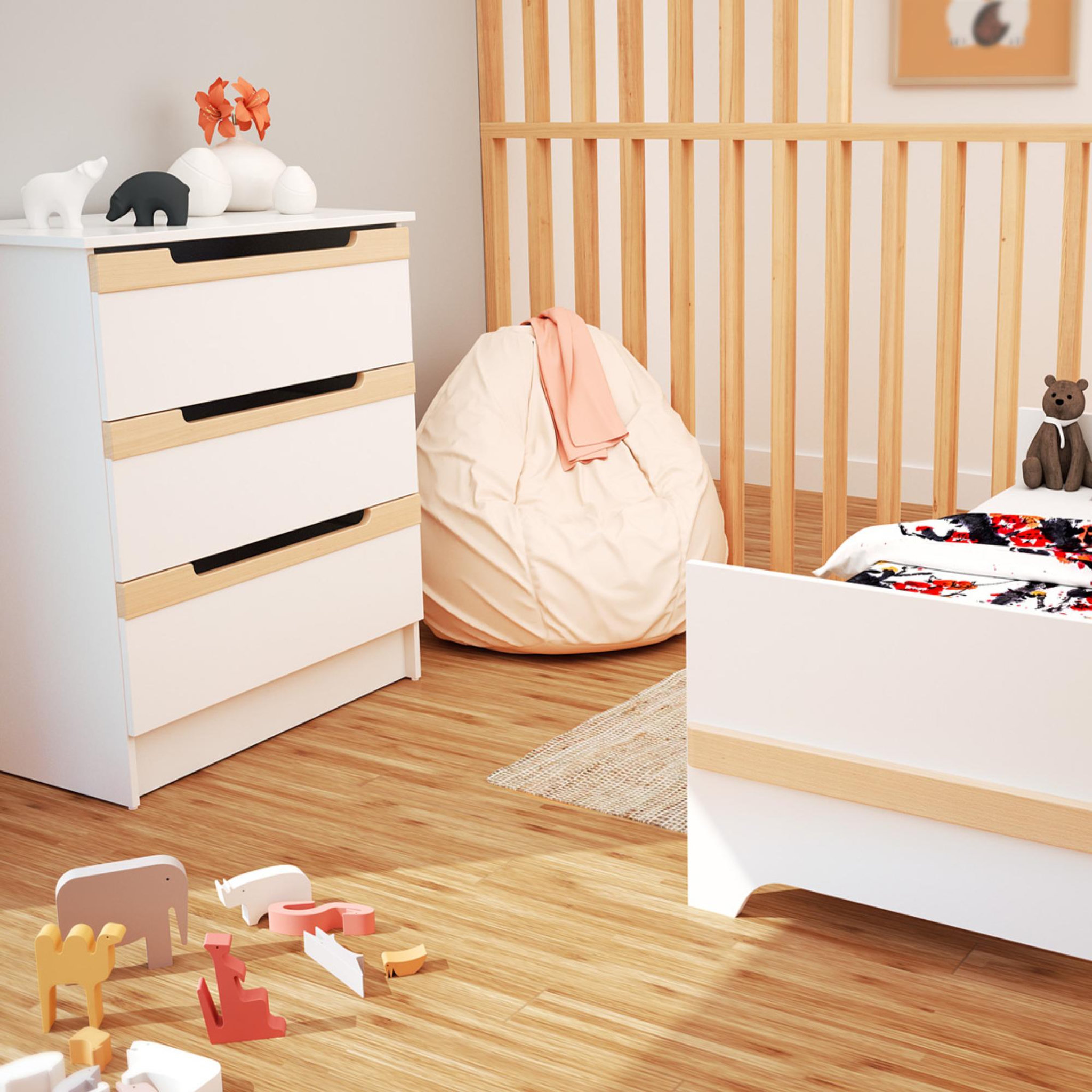 Voir la diapositive 5 : JURABABY Commode à langer 3 tiroirs en bois carrousel blanc et hêtre verni