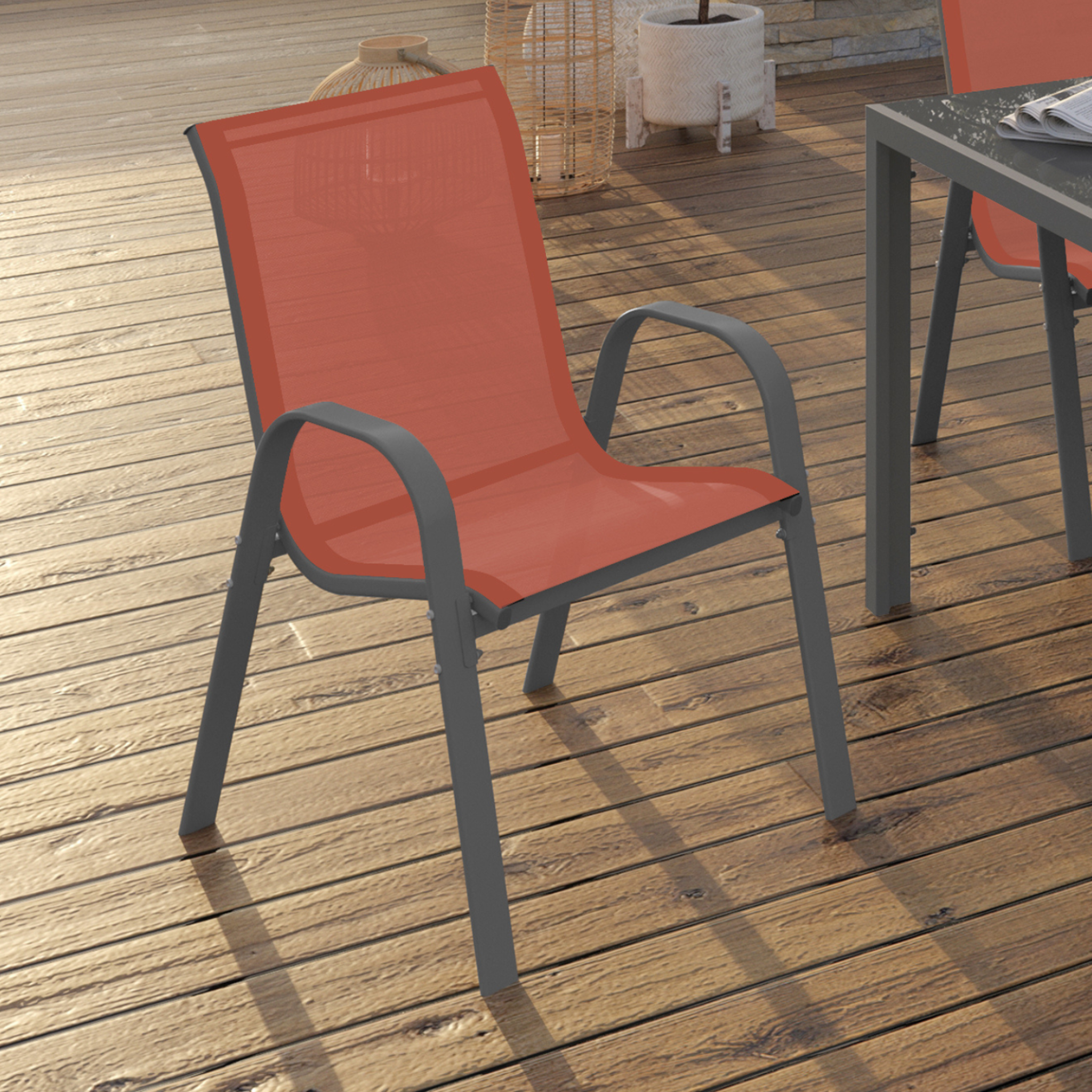 Voir la diapositive 2 : ID MARKET Lot de 4 chaises de jardin LYMA métal et textilène empilables terracotta