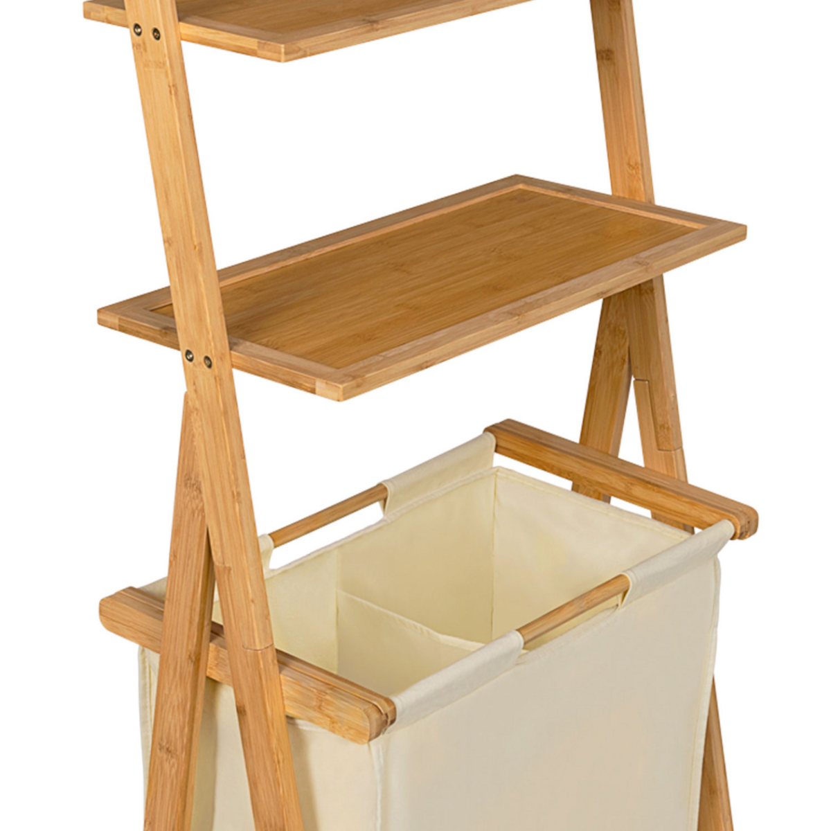 ID MARKET Panier à linge 2 bacs bambou LANA avec étagères tissu écru