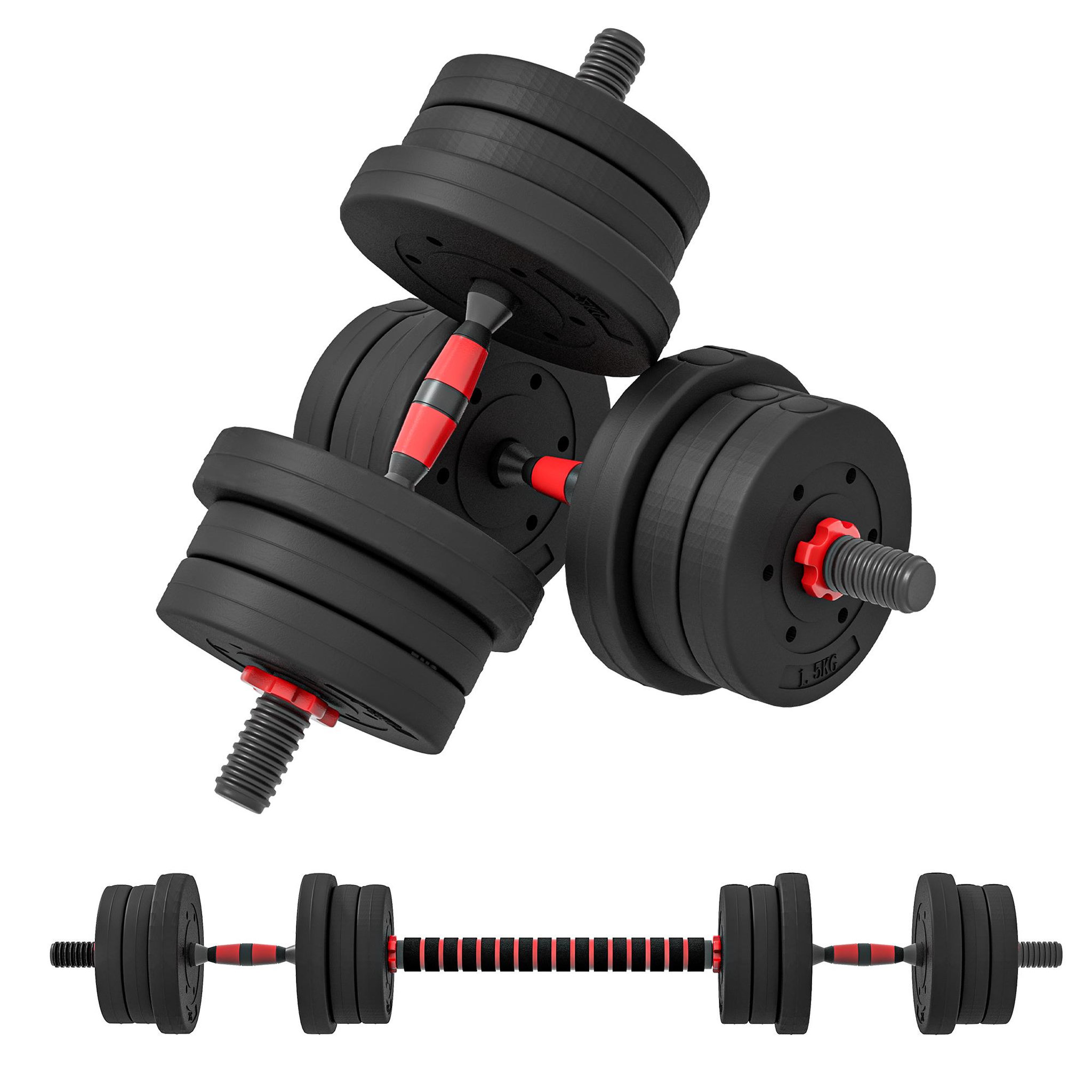 HOMCOM Ensemble d'haltères courtes total 20 kg - barres incluses - entraînement musculaire & haltérophilie - acier hdpe noir rouge