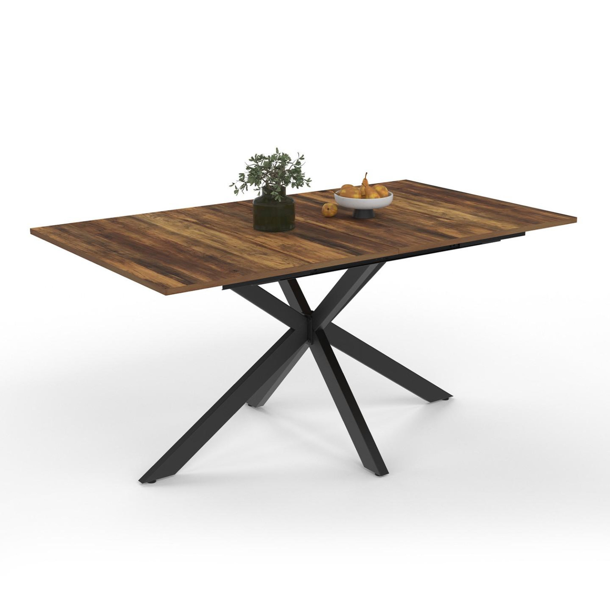 Voir la diapositive 5 : ID MARKET Table à manger extensible rectangle ALIX 6-10 personnes pied araignée noir et noyer finition bois foncé HAWKINS 160-200 cm