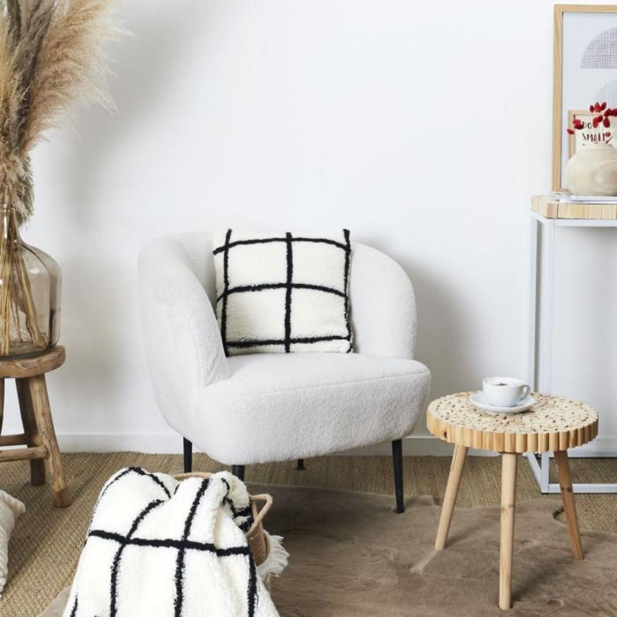 Paris Prix Coussin Sherpa à Carreaux  Crush  40x40cm Blanc