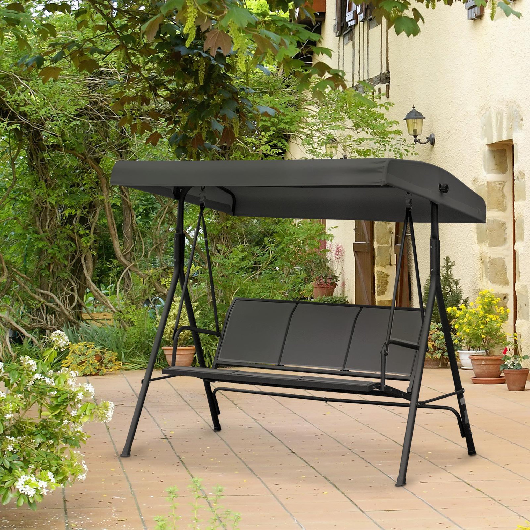 Voir la diapositive 2 : OUTSUNNY Balancelle de jardin 3 places grand confort toit inclinaison réglable assise et dossier ergonomique acier époxy textilène noir