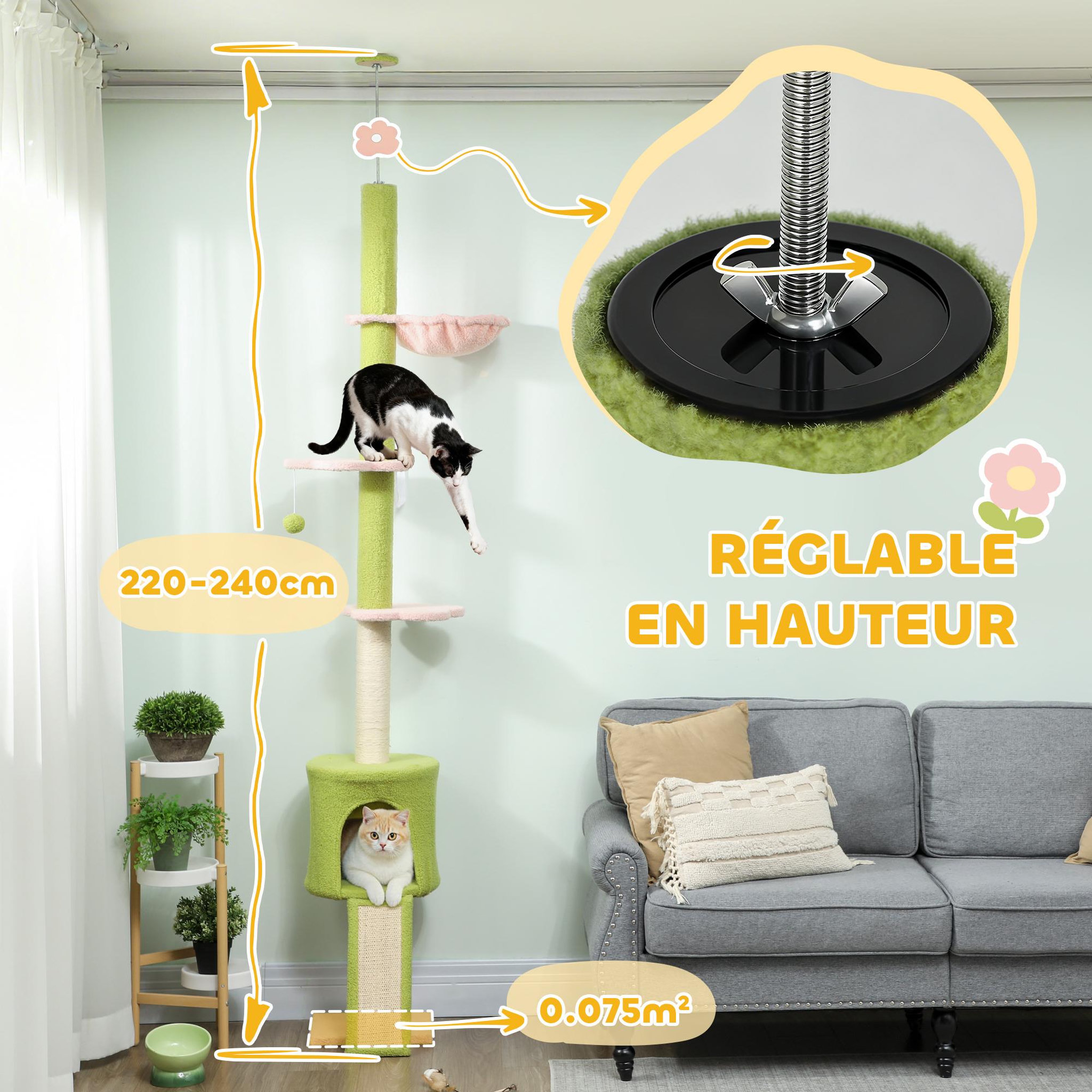 Voir la diapositive 6 : PAWHUT Arbre à chat du sol au plafond réglable h.220-240cm - 5 niveaux - griffoirs, grattoir - bouclette vert