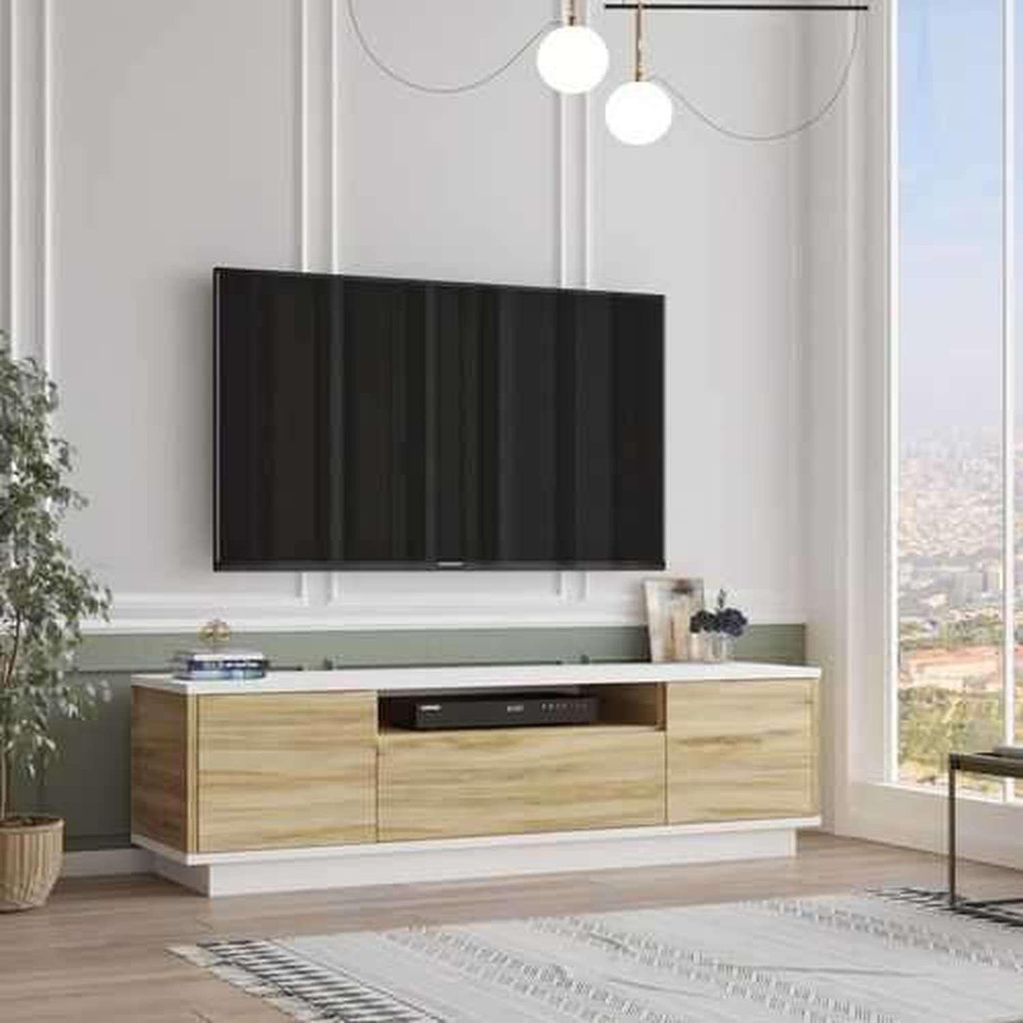 Voir la diapositive 2 : TOILINUX Meuble TV Séville 3 portes et une niche en bois - Blanc et marron