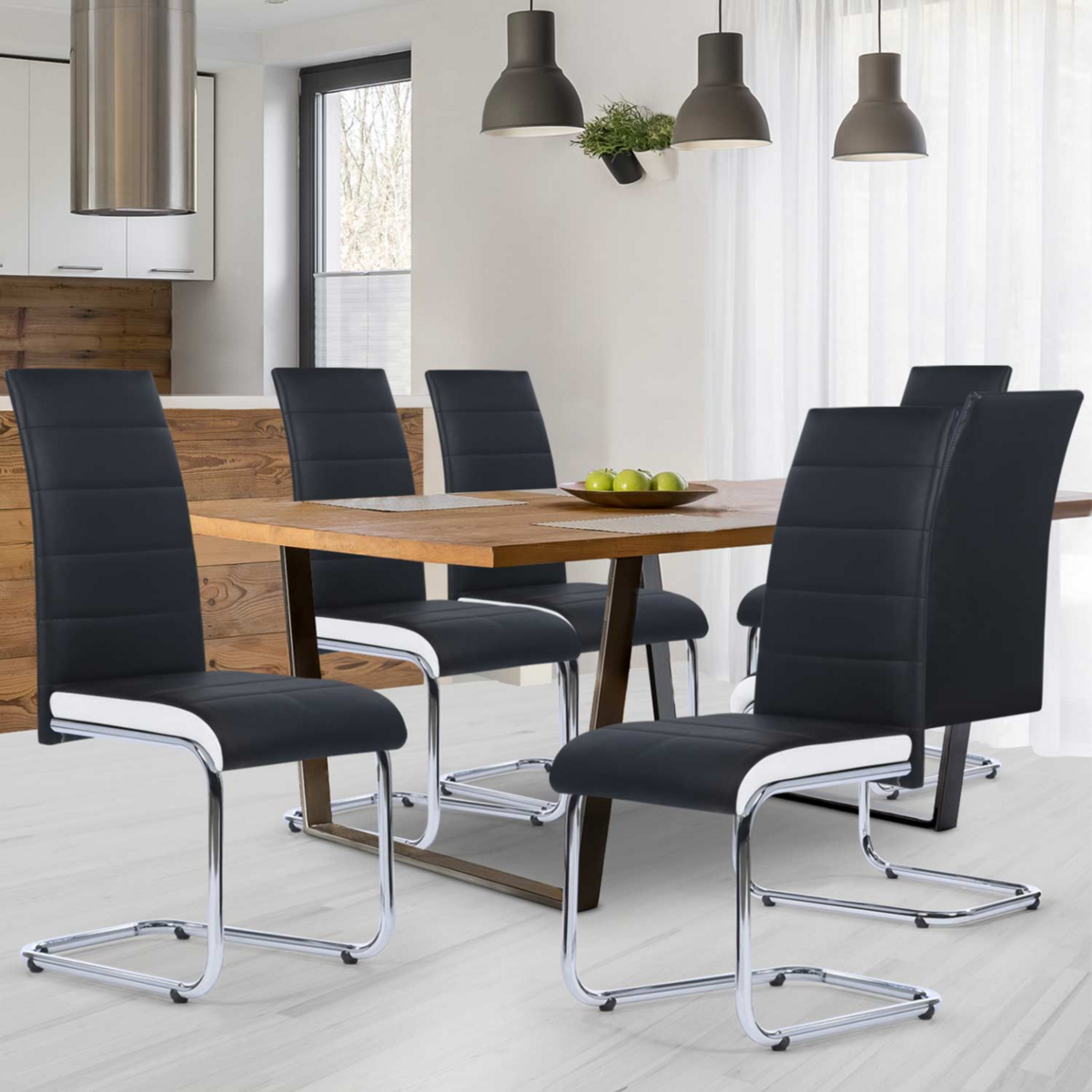 ID MARKET Lot de 6 chaises MIA noires liseré blanc pour salle à manger