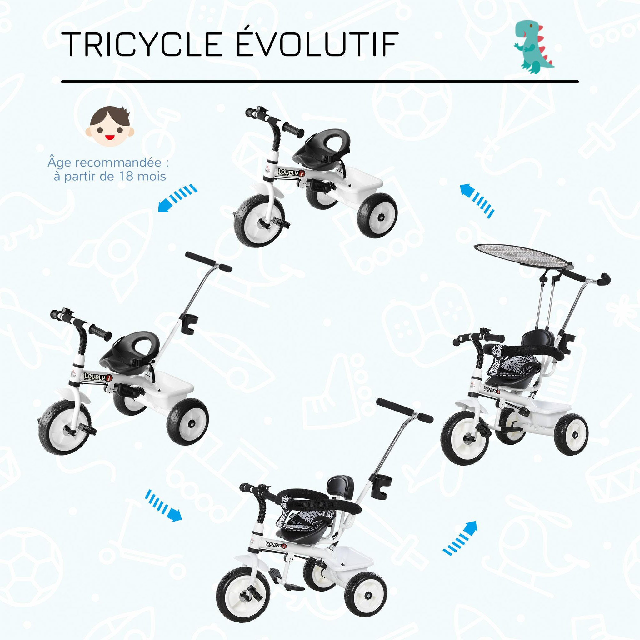 Voir la diapositive 4 : HOMCOM Tricycle enfants pare-soleil pliable canne amovible benne rangement 103 x 47 x 101 cm acier blanc et noir