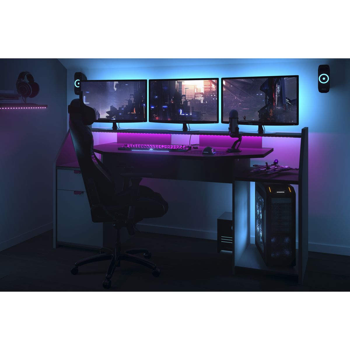 Bureau droit spécial gaming avec large plateau et leds L180cm GAMER