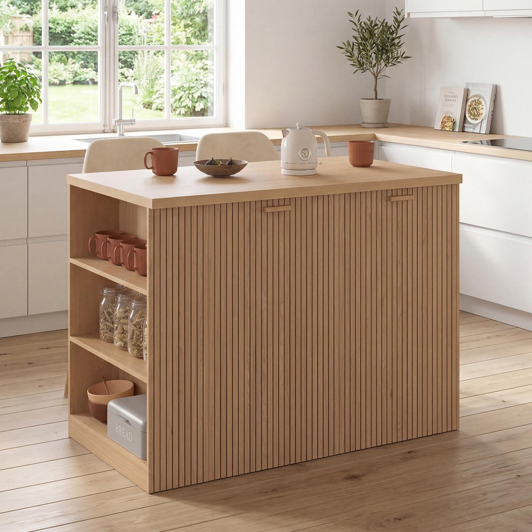 Voir la diapositive 2 : ID MARKET Ilot central juliette 120 cm effet lattes tasseau de bois