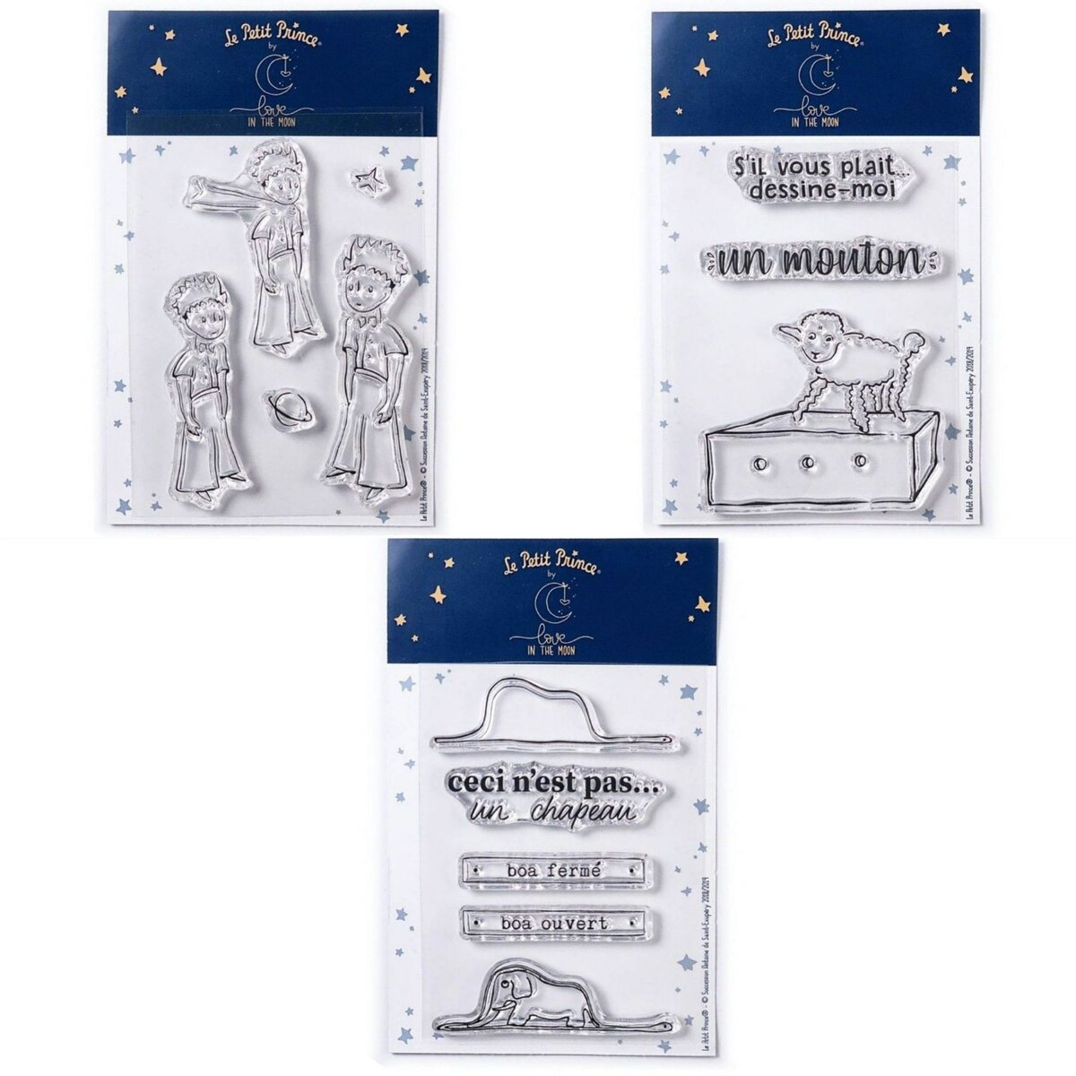  13 Tampons transparents Le Petit Prince Etoiles + Mouton + Boa Eléphant