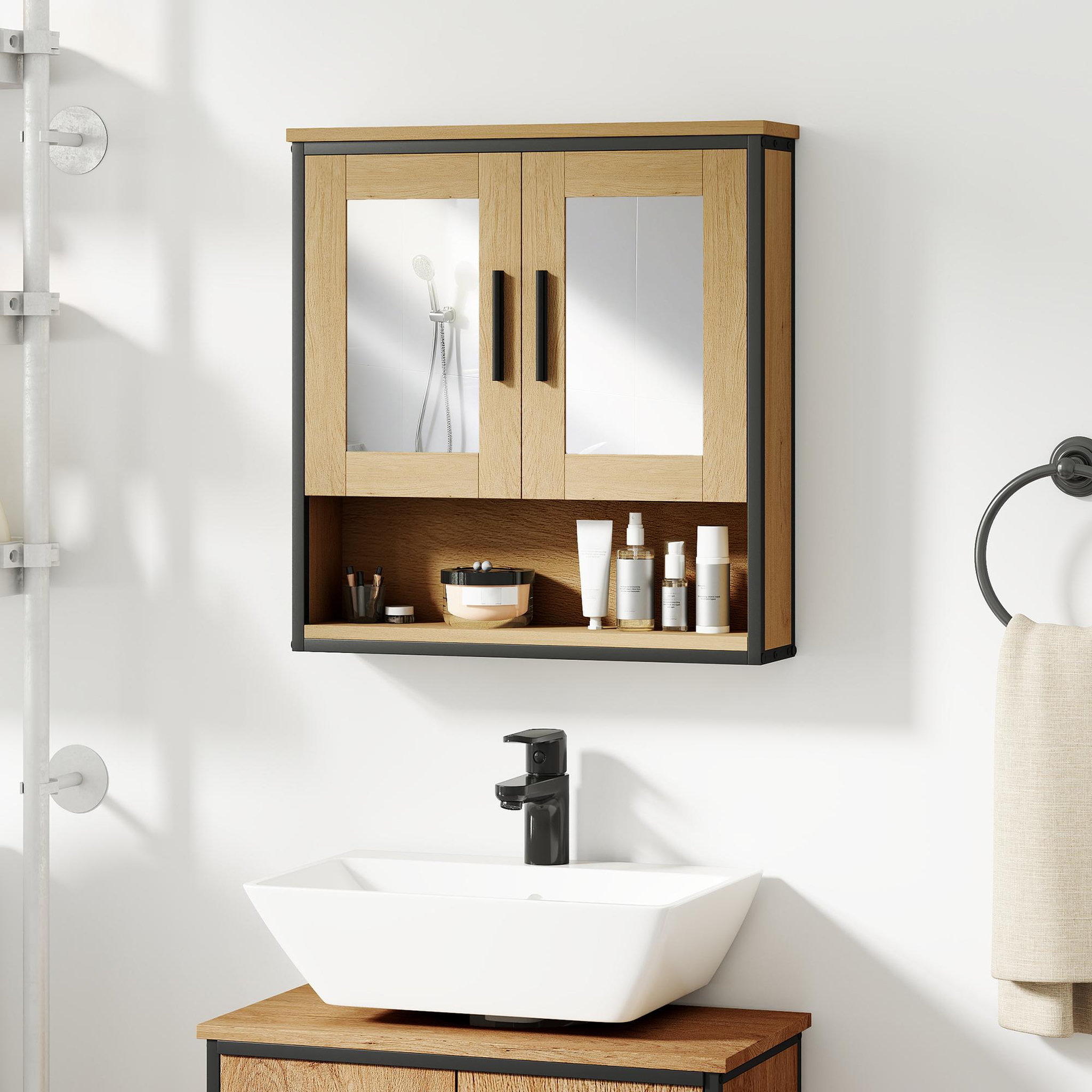 Voir la diapositive 4 : HOMCOM Armoire miroir murale salle de bain - 2 portes, étagère, niche - acier noir effet bois