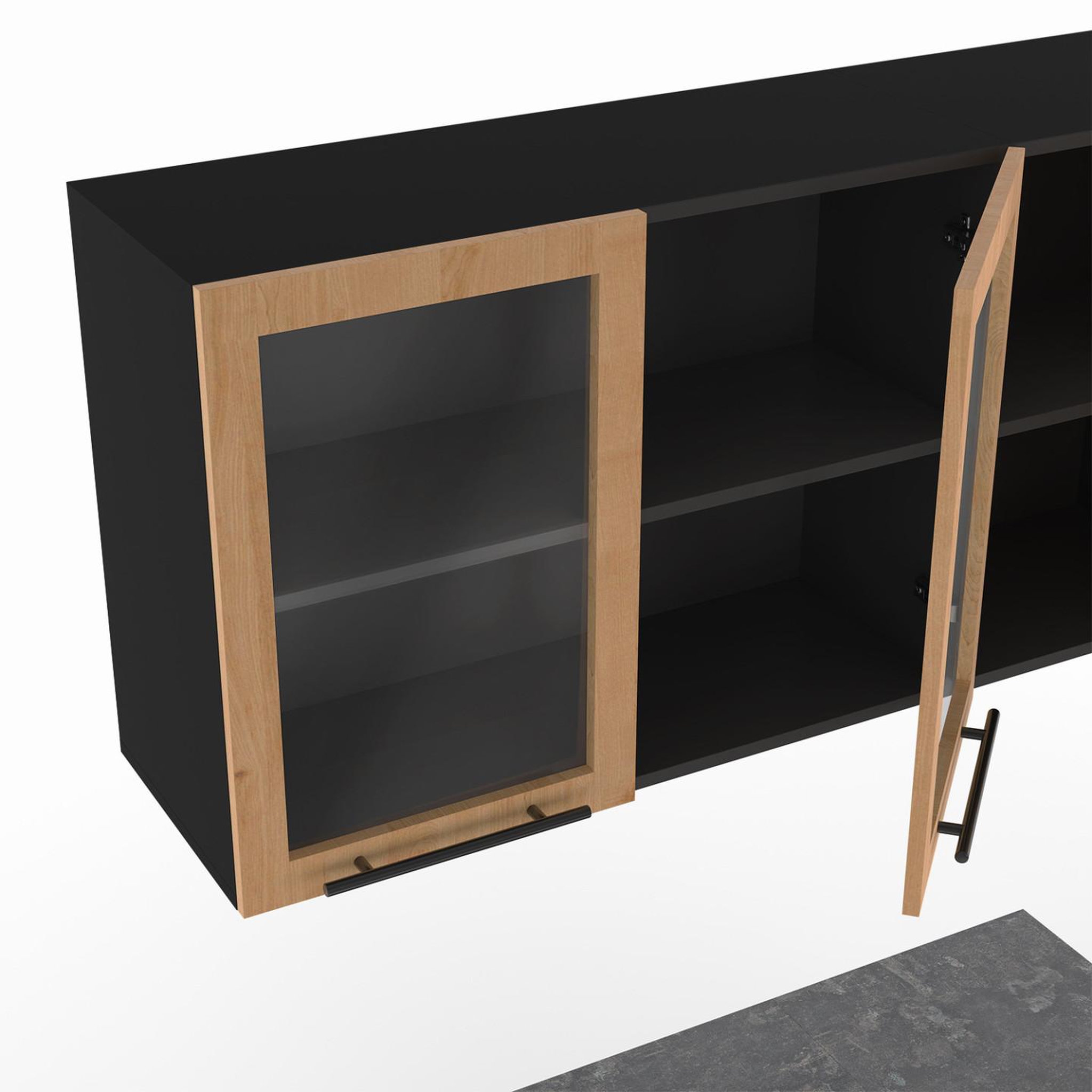 Voir la diapositive 6 : ID MARKET Cuisine complète 240 cm subtil avec vitrine + plan de travail 7 éléments noir et façon hêtre
