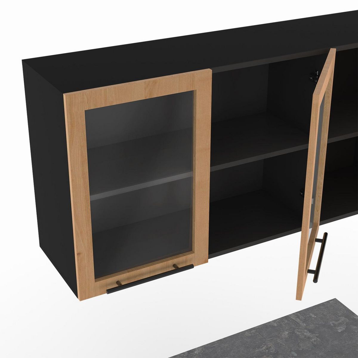 ID MARKET Cuisine complète 240 cm SUBTIL avec vitrine + plan de travail 7 éléments noir et façon hêtre