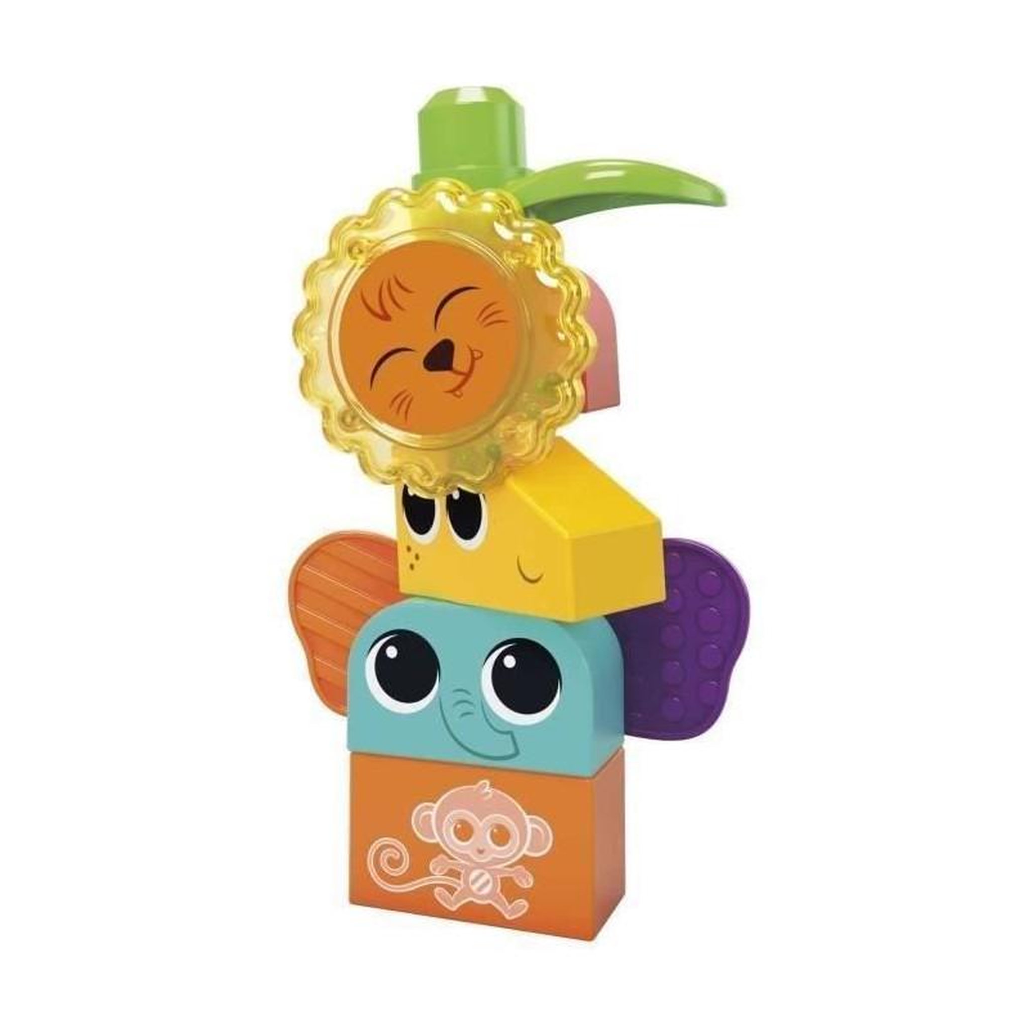 Voir la diapositive 4 : MEGA BLOKS Jeu de construction SAFARI DES SENS MEGABLOKS - Girafe clochette, lion billes et éléphant oreille souple
