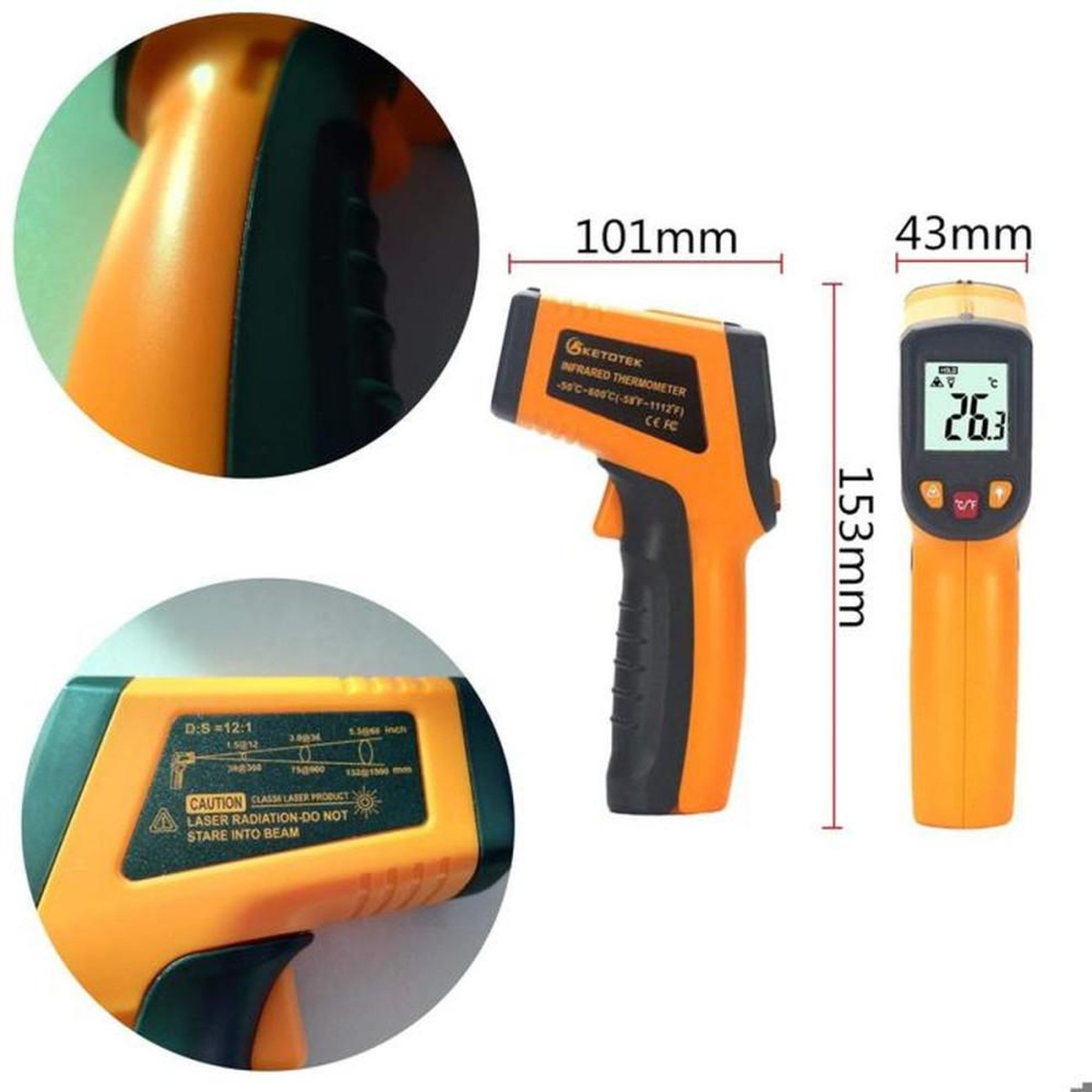 Voir la diapositive 6 : Thermomètre infrarouge laser numérique non contact orange et noir plage -50 à 600 °C, écran LCD rétroéclairé, viseur laser, 12:1, temps de réponse <500 ms