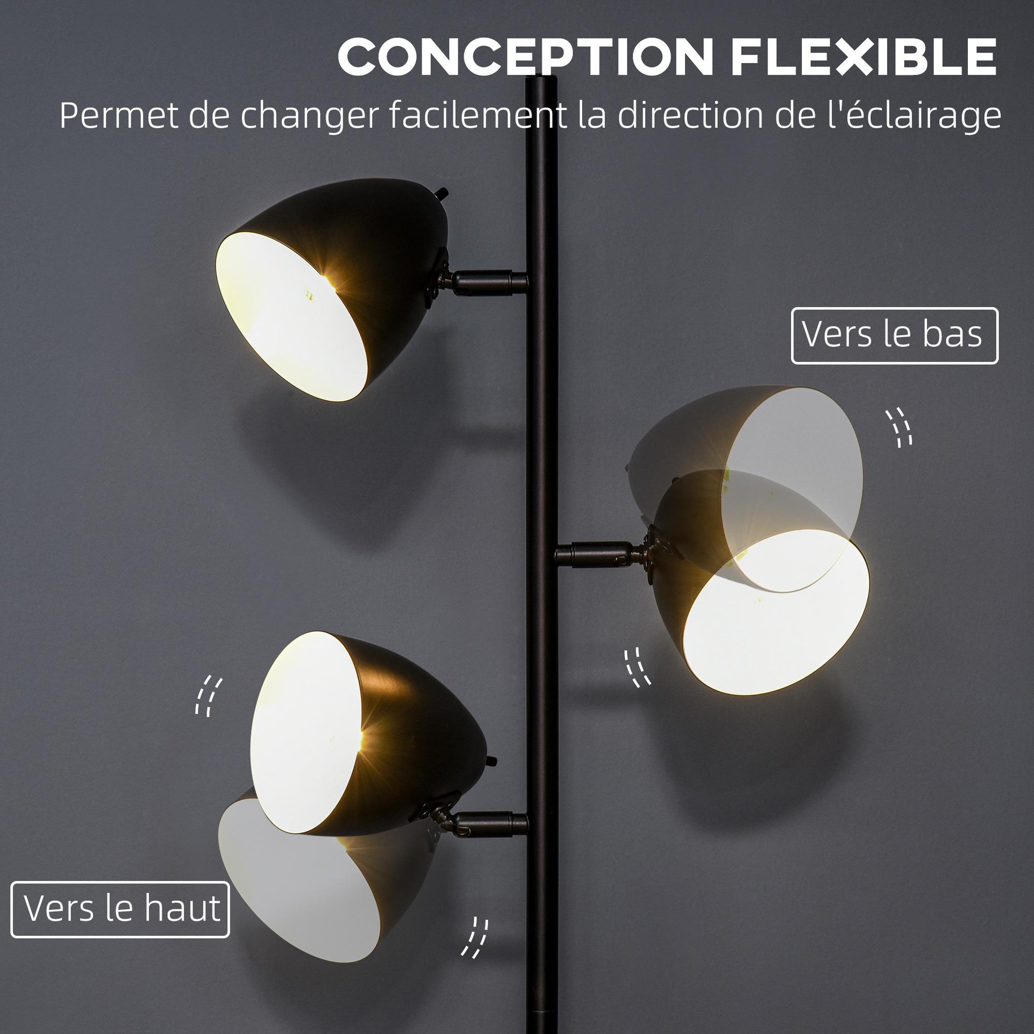 Voir la diapositive 5 : HOMCOM Lampadaire design industriel 3 ampoules max. 40 w abats-jours orientables acier noir