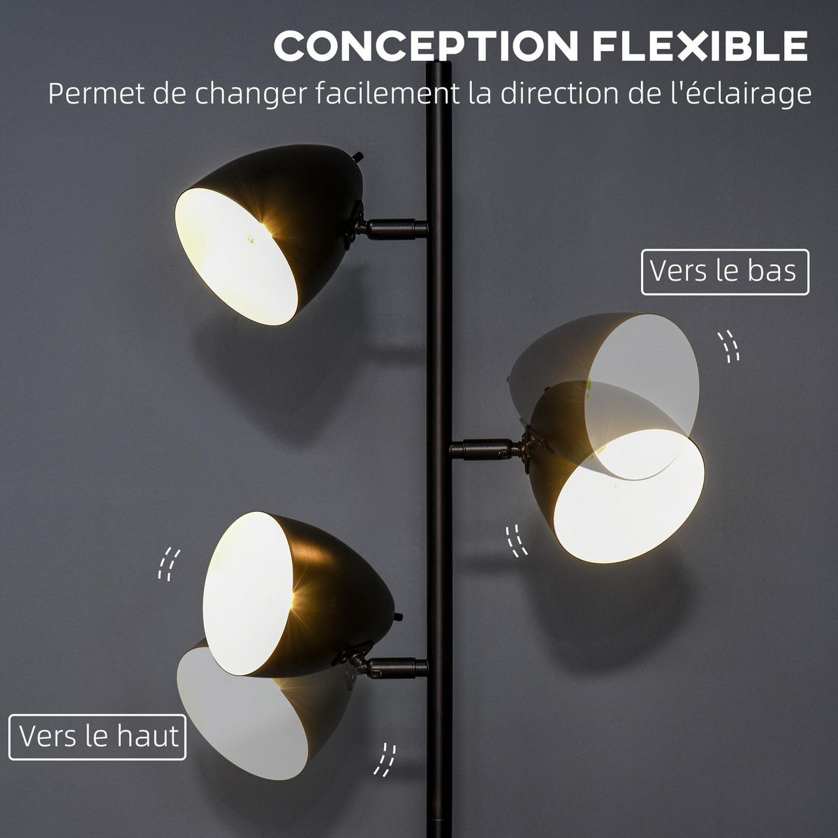 HOMCOM Lampadaire design industriel 3 ampoules max. 40 W abats-jours orientables acier noir