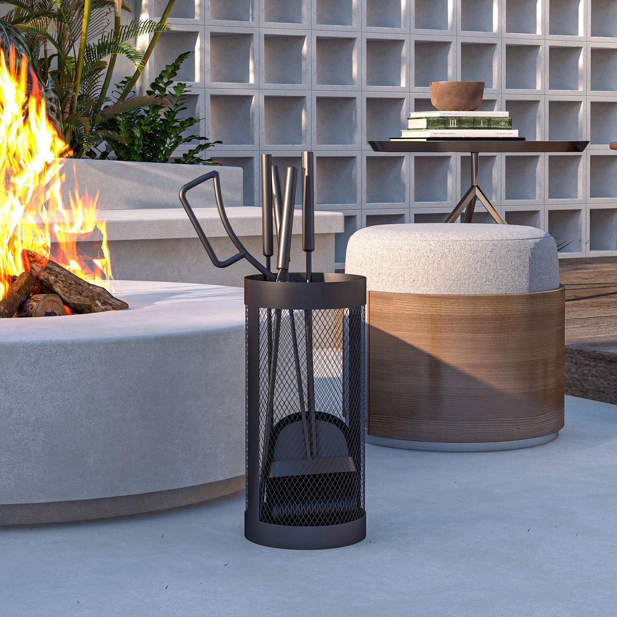 OUTSUNNY Serviteur de cheminée moderne 5 pièces - balai, pelle, pince, tisonnier, seau - métal noir