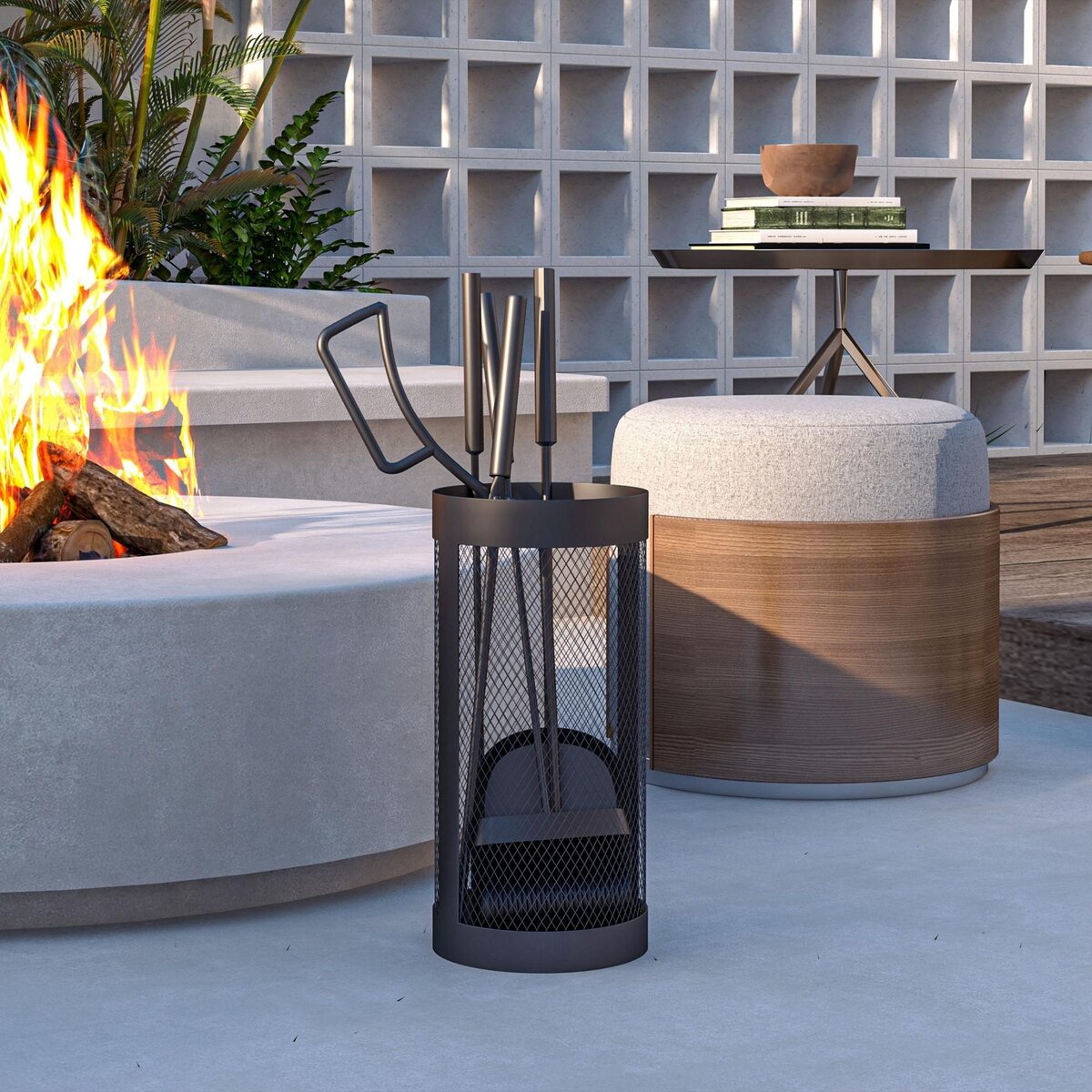 OUTSUNNY Serviteur de cheminée moderne 5 pièces - balai, pelle, pince, tisonnier, seau - métal noir