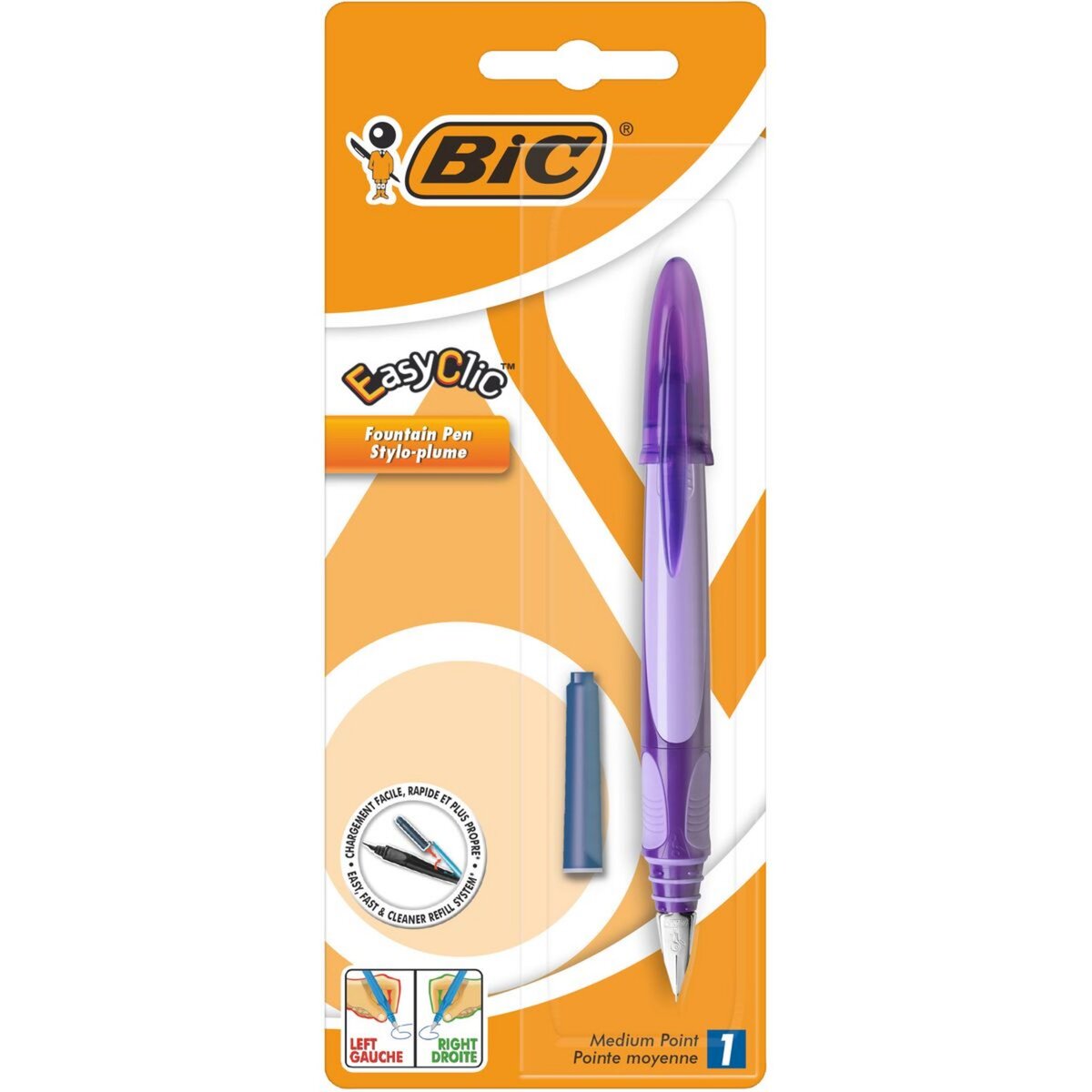 BIC Stylo plume pointe moyenne rechargeable EasyClic violet + 1 petite cartouche d'encre