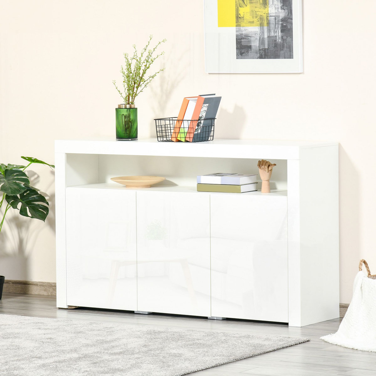 HOMCOM HOMCOM Buffet LED - meuble de rangement LED - 3 placards avec étagère et grande niche - panneaux particules MDF blanc laqué